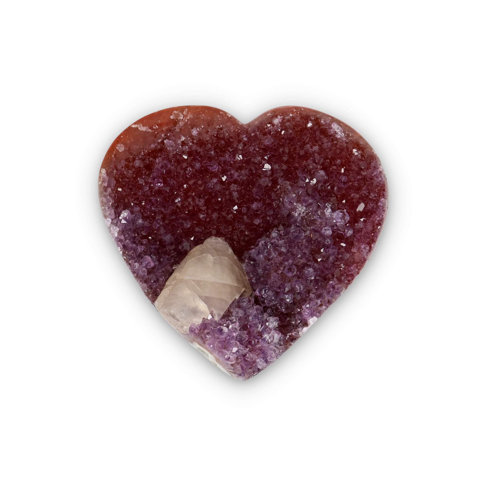 Poliertes Amethyst - Herz aus Uruguay mit natürlicher Kristalldruse und weißen Calcitkristallen im inneren.