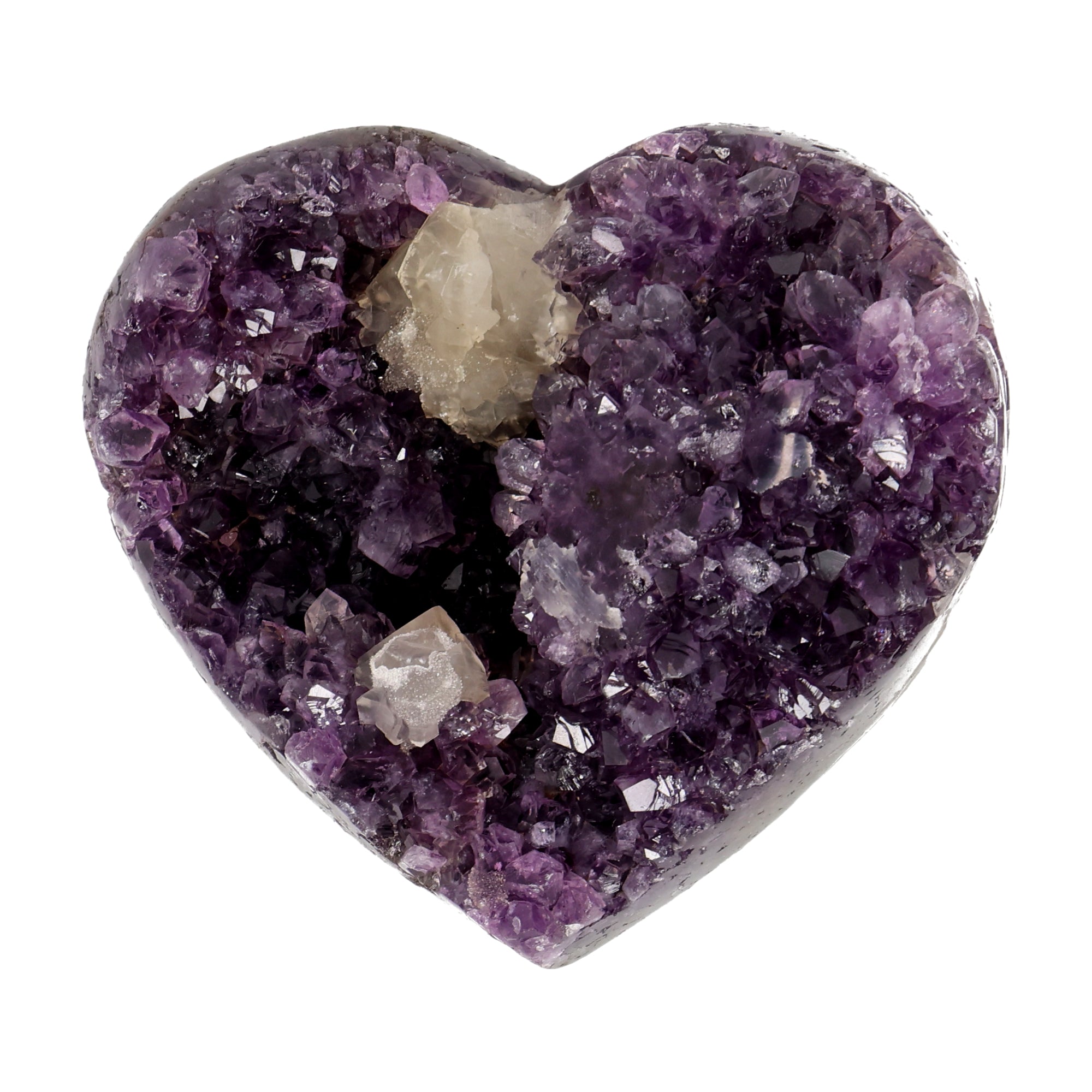 Poliertes Amethyst - Herz aus Uruguay mit natürlicher Kristalldruse und weißen Calcitkristallen im inneren.