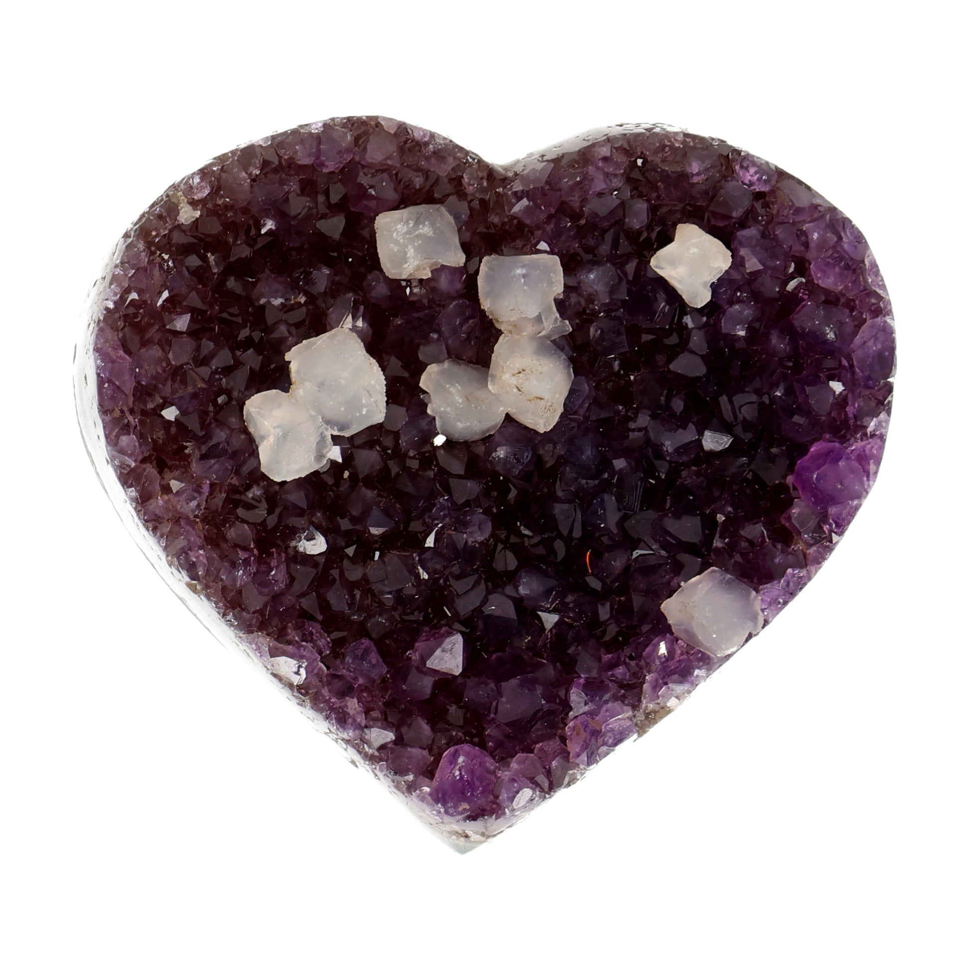 Poliertes Amethyst - Herz aus Uruguay mit natürlicher Kristalldruse und weißen Calcitkristallen im inneren.