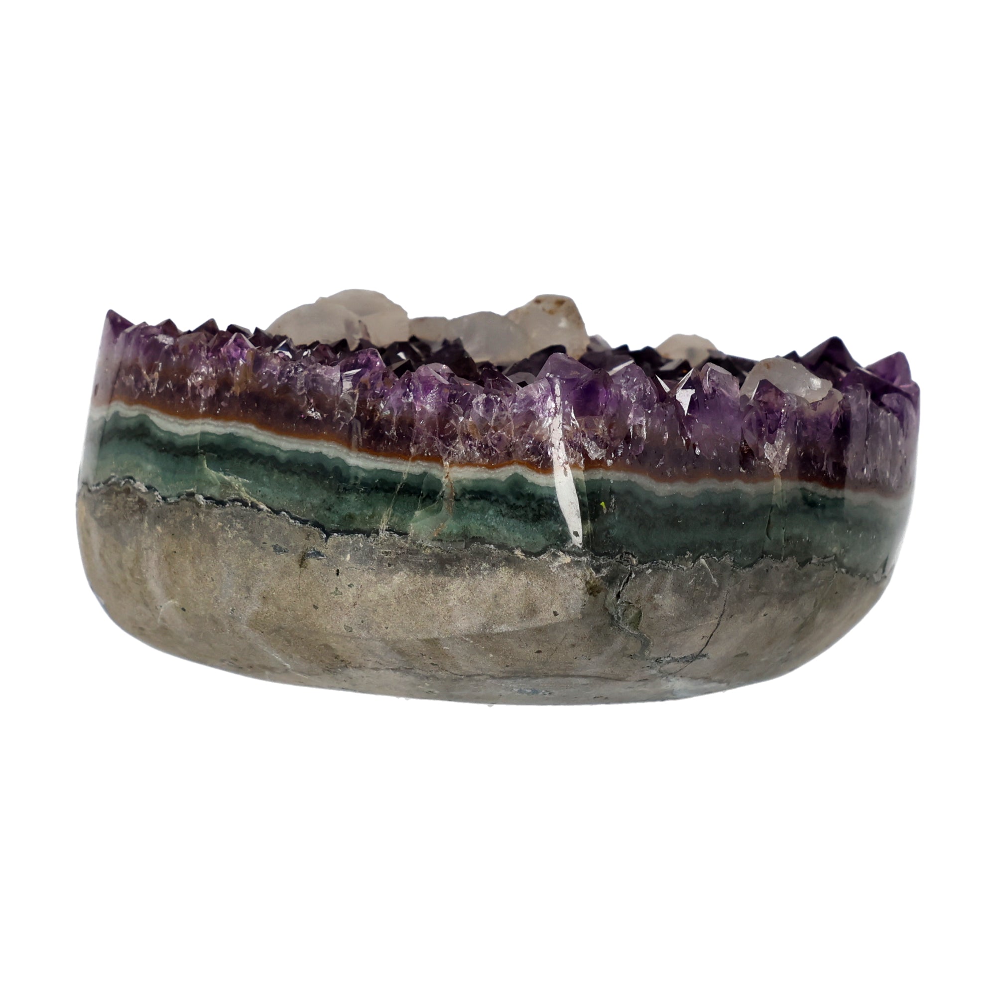 Poliertes Amethyst - Herz aus Uruguay mit natürlicher Kristalldruse und weißen Calcitkristallen im inneren.