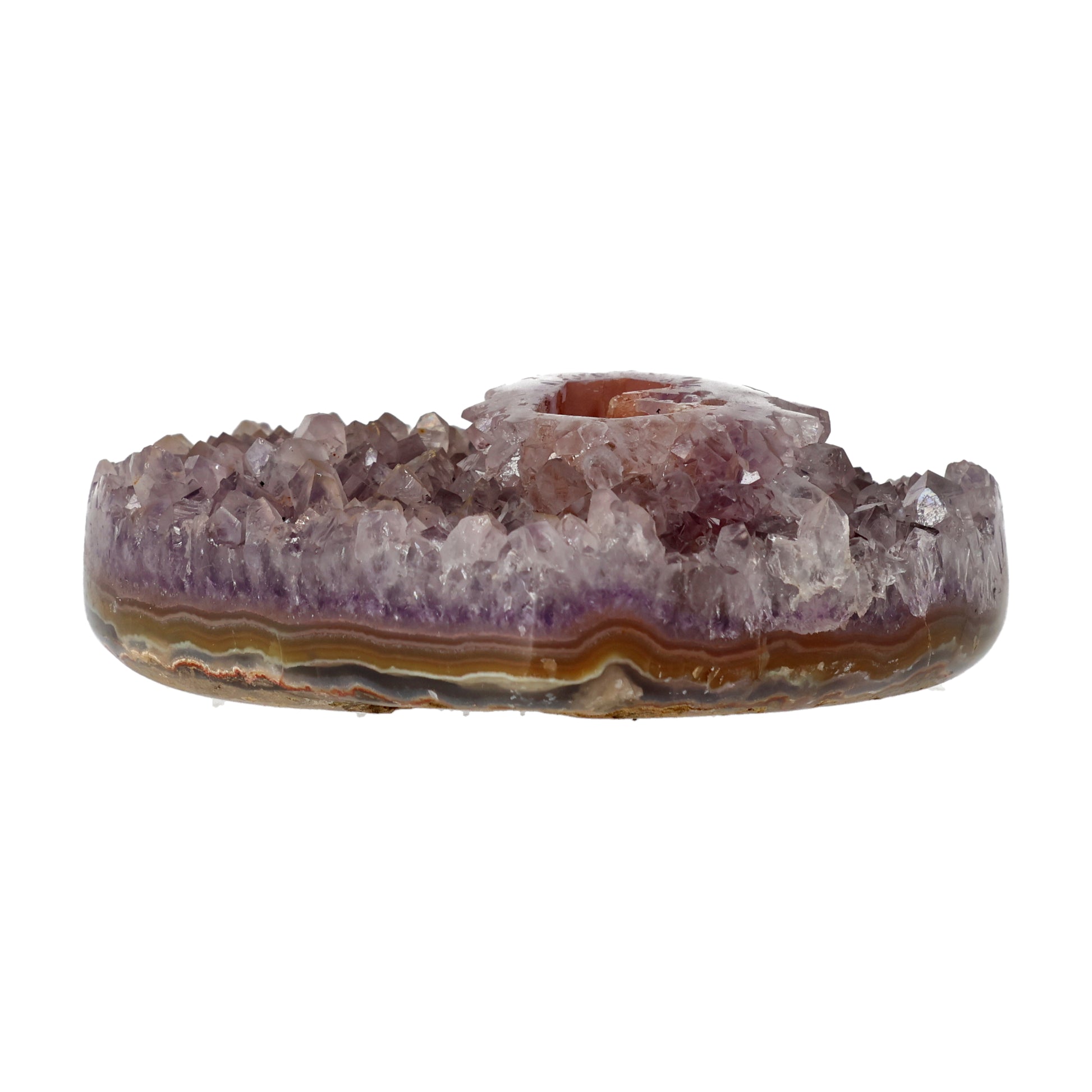 Poliertes Amethyst - Herz aus Uruguay mit natürlicher Kristalldruse und weißen Calcitkristallen im inneren.