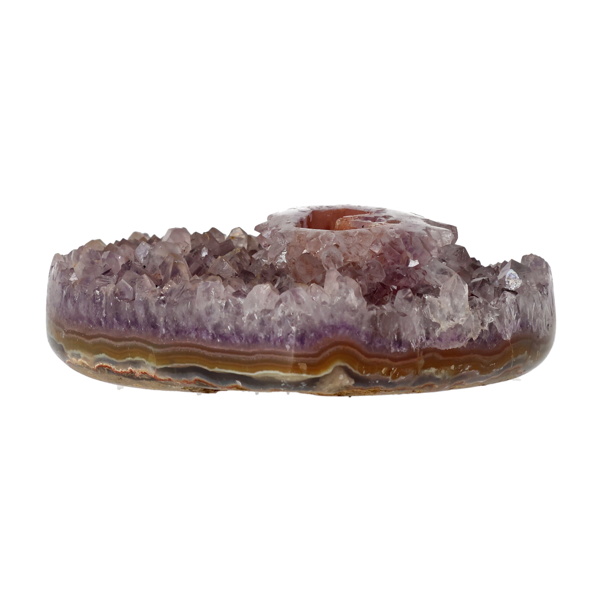 Poliertes Amethyst - Herz aus Uruguay mit natürlicher Kristalldruse und weißen Calcitkristallen im inneren.