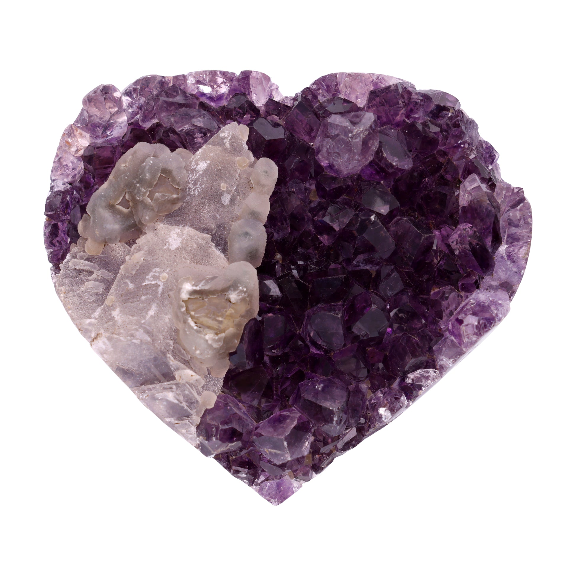 Poliertes Amethyst - Herz aus Uruguay mit natürlicher Kristalldruse und weißen Calcitkristallen im inneren.
