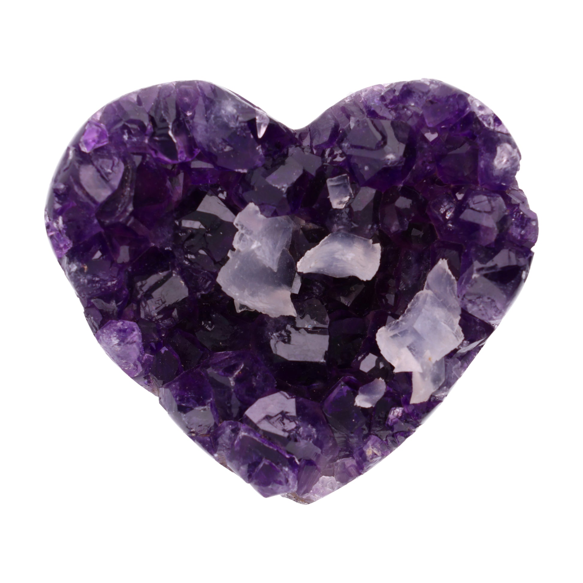 Poliertes Amethyst - Herz aus Uruguay mit natürlicher Kristalldruse und weißen Calcitkristallen im inneren.