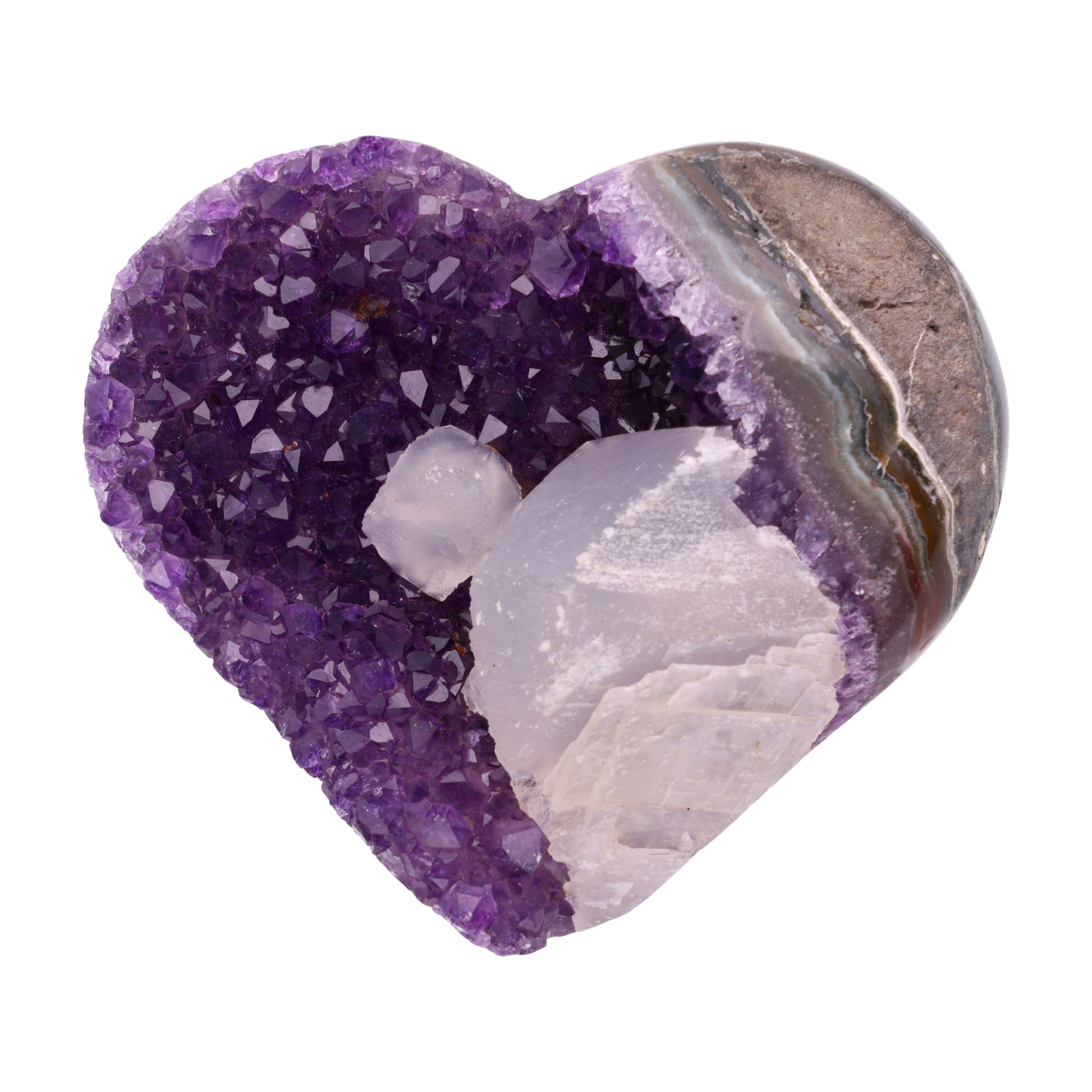 Poliertes Amethyst - Herz aus Uruguay mit natürlicher Kristalldruse und weißen Calcitkristallen im inneren.