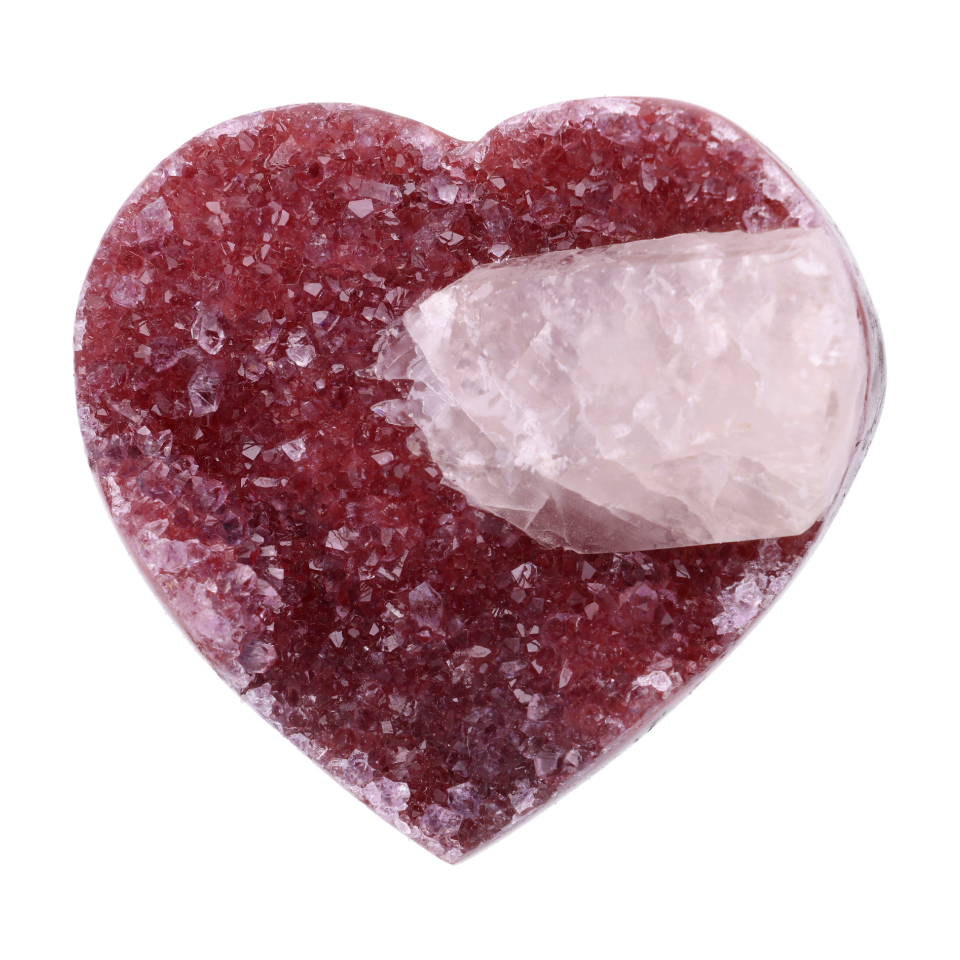 Poliertes Amethyst - Herz aus Uruguay mit natürlicher Kristalldruse und weißen Calcitkristallen im inneren.