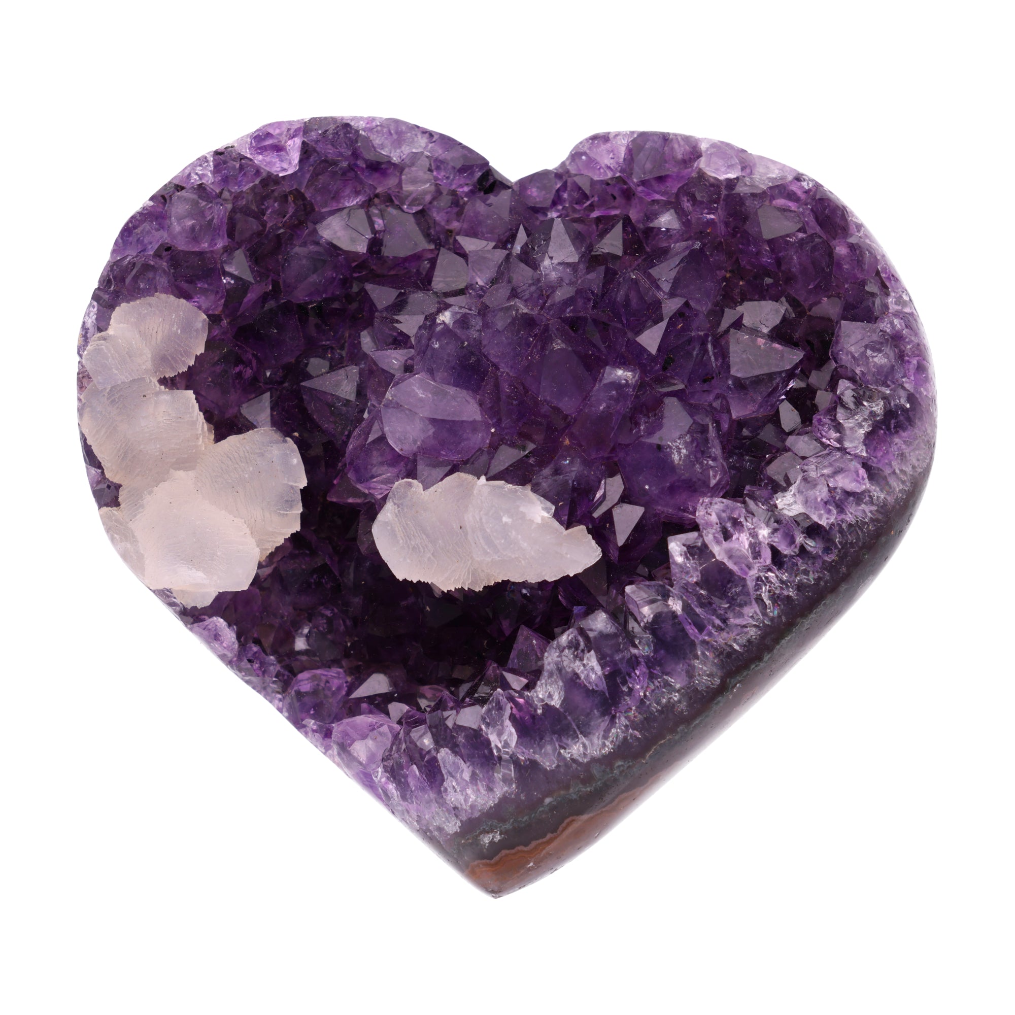 Poliertes Amethyst - Herz aus Uruguay mit natürlicher Kristalldruse und weißen Calcitkristallen im inneren.