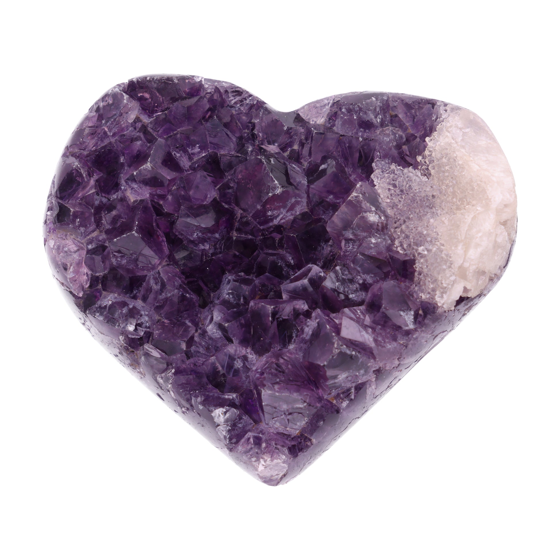 Poliertes Amethyst - Herz aus Uruguay mit natürlicher Kristalldruse und weißen Calcitkristallen im inneren.