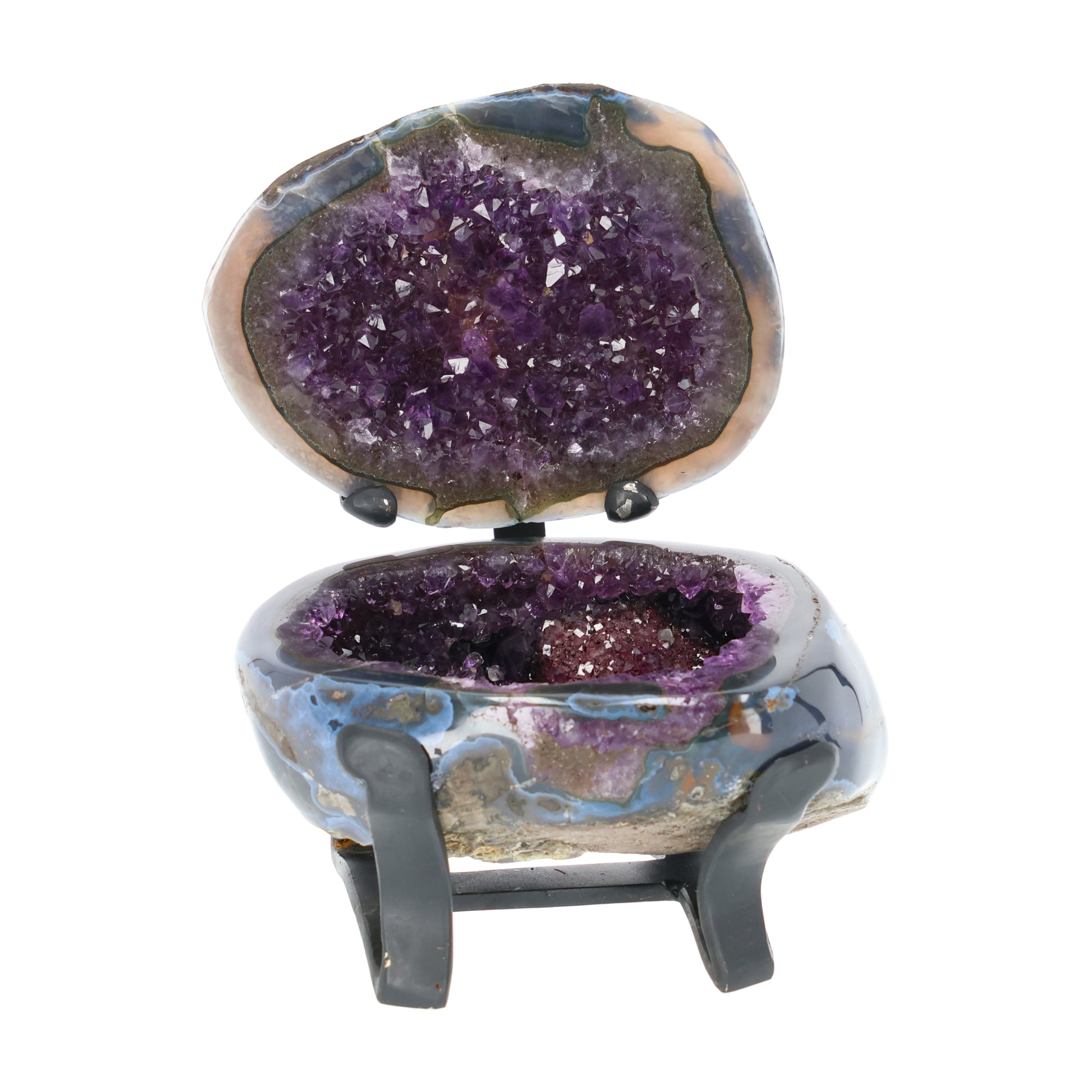 Amethyst Geoden-Juwelenbox aus Uruguay auf Metallstandfuß mit geöffneter Geode und violetter Kristalldruse im Inneren.
