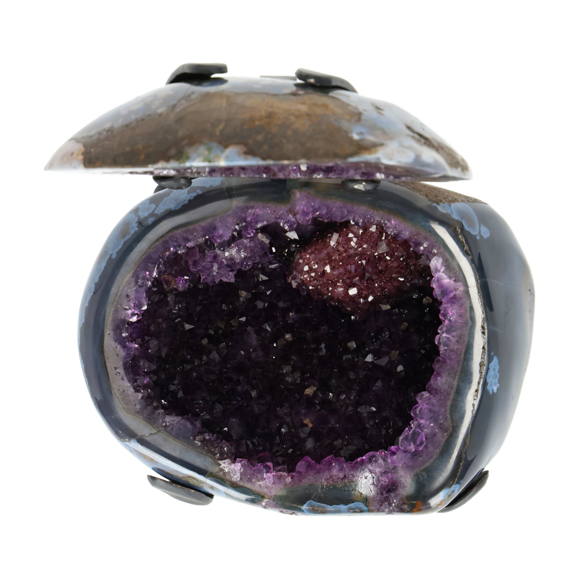 Amethyst Geoden-Juwelenbox aus Uruguay auf Metallstandfuß mit geöffneter Geode und violetter Kristalldruse im Inneren.