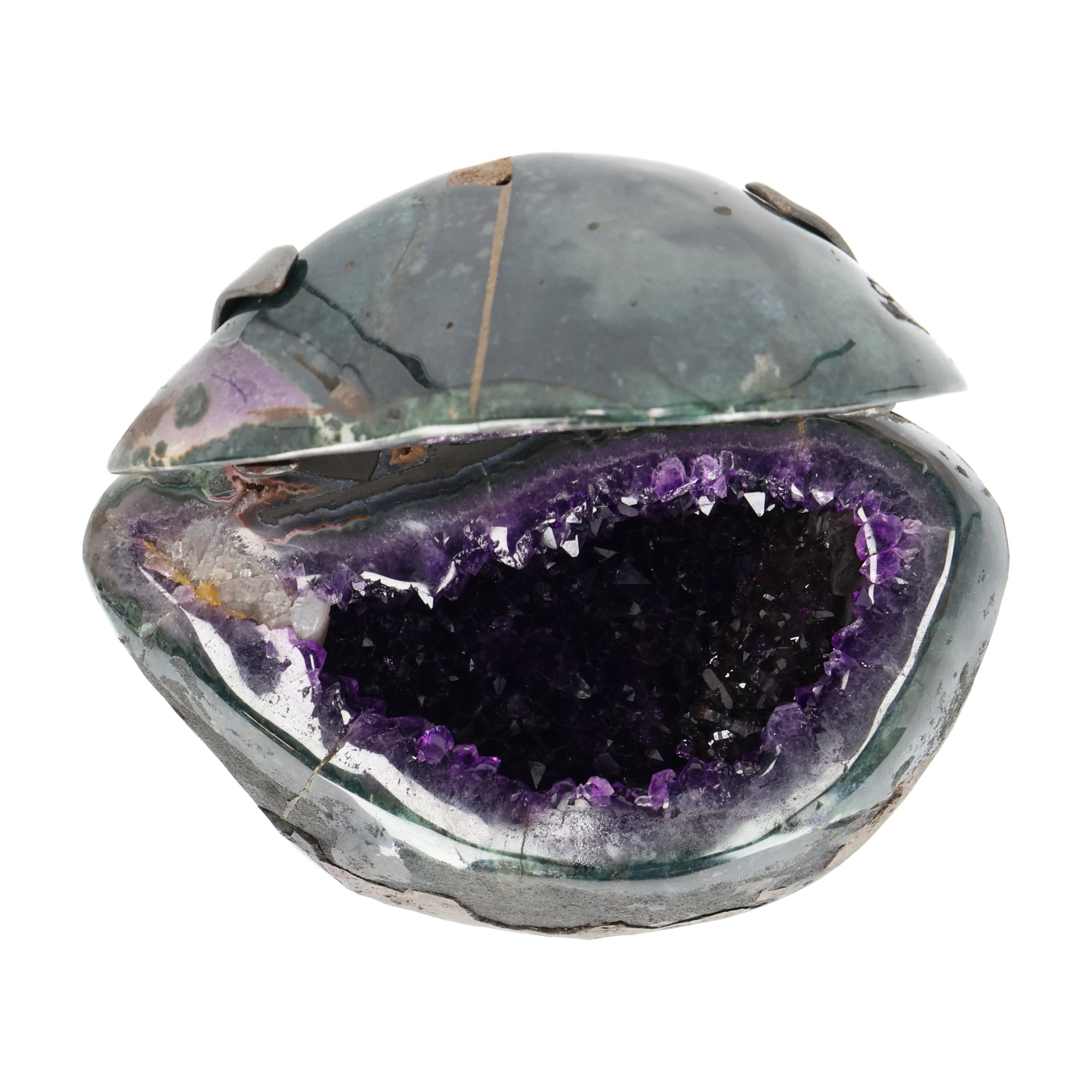 Amethyst Geoden-Juwelenbox aus Uruguay auf Metallstandfuß mit geöffneter Geode und violetter Kristalldruse im Inneren.