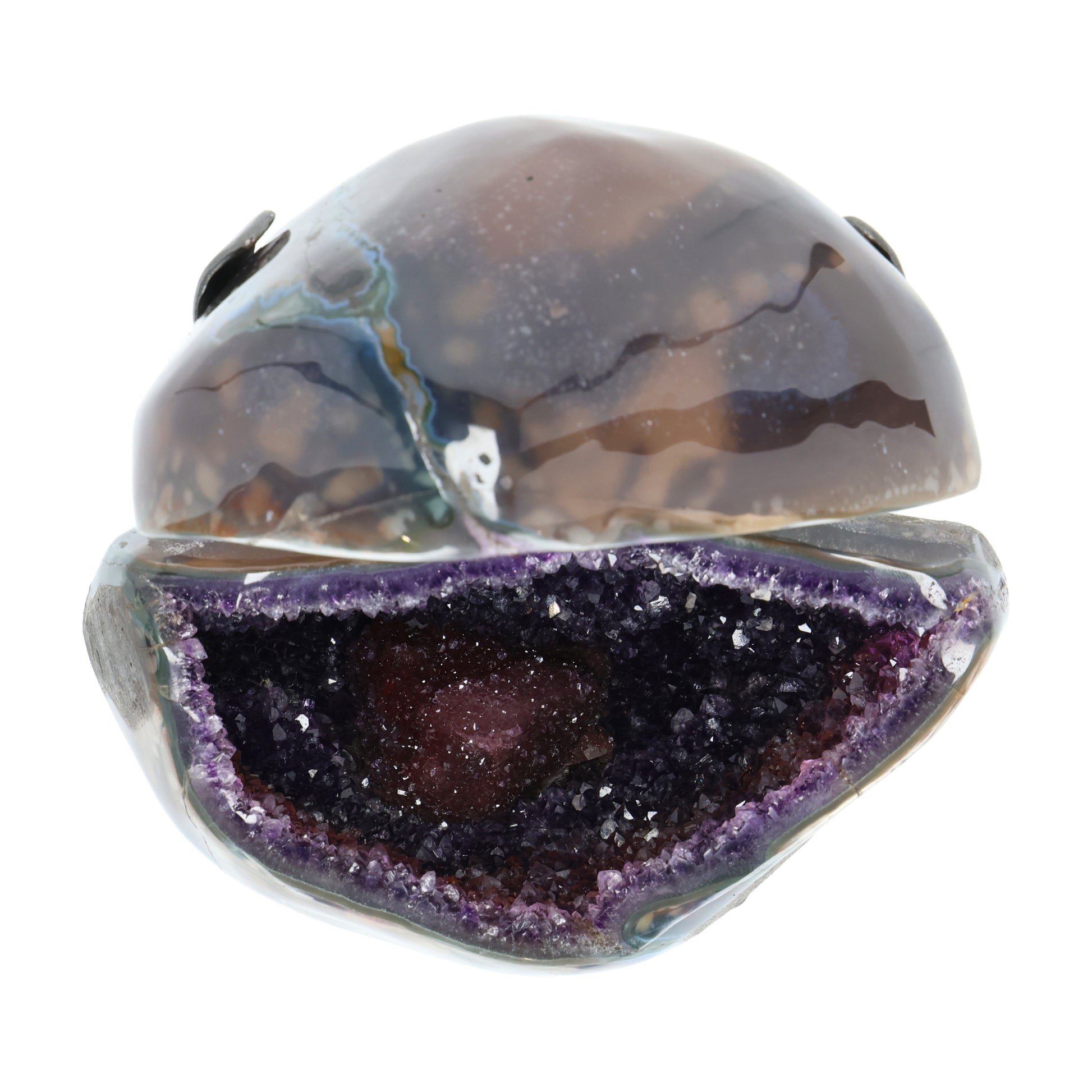 Amethyst Geoden-Juwelenbox aus Uruguay auf Metallstandfuß mit geöffneter Geode und violetter Kristalldruse im Inneren.