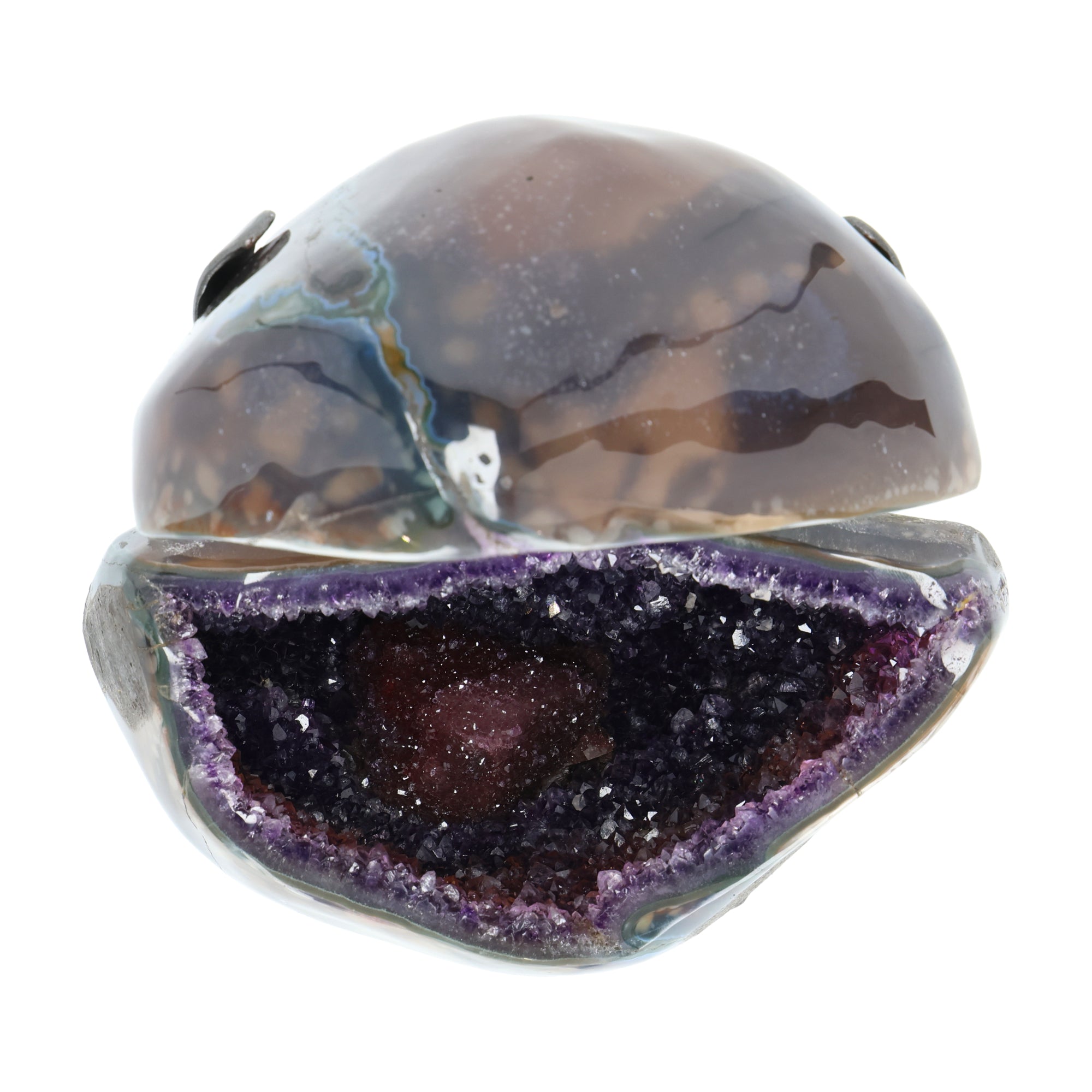 Amethyst Geoden-Juwelenbox aus Uruguay auf Metallstandfuß mit geöffneter Geode und violetter Kristalldruse im Inneren.