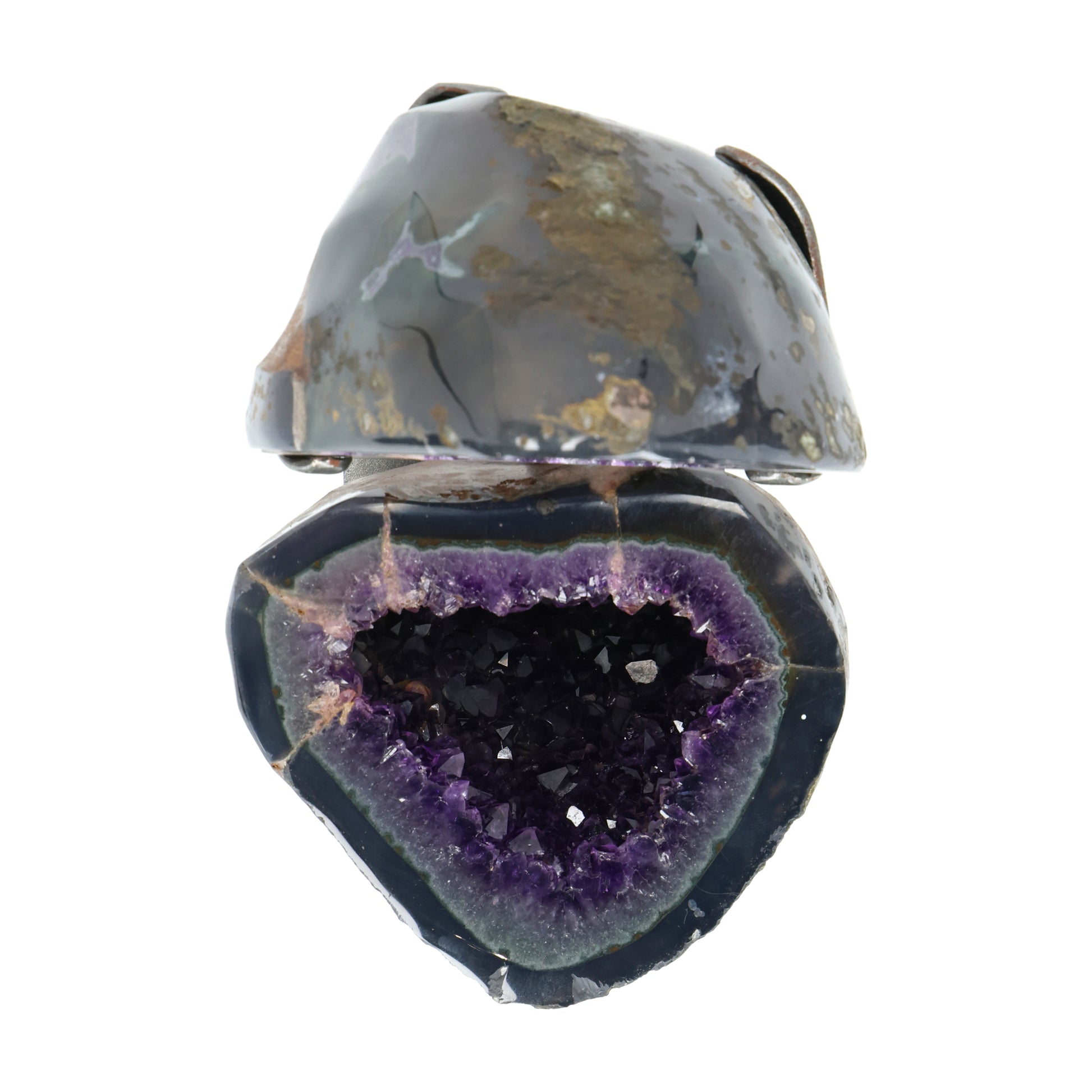 Amethyst Geoden-Juwelenbox aus Uruguay auf Metallstandfuß mit geöffneter Geode und violetter Kristalldruse im Inneren.