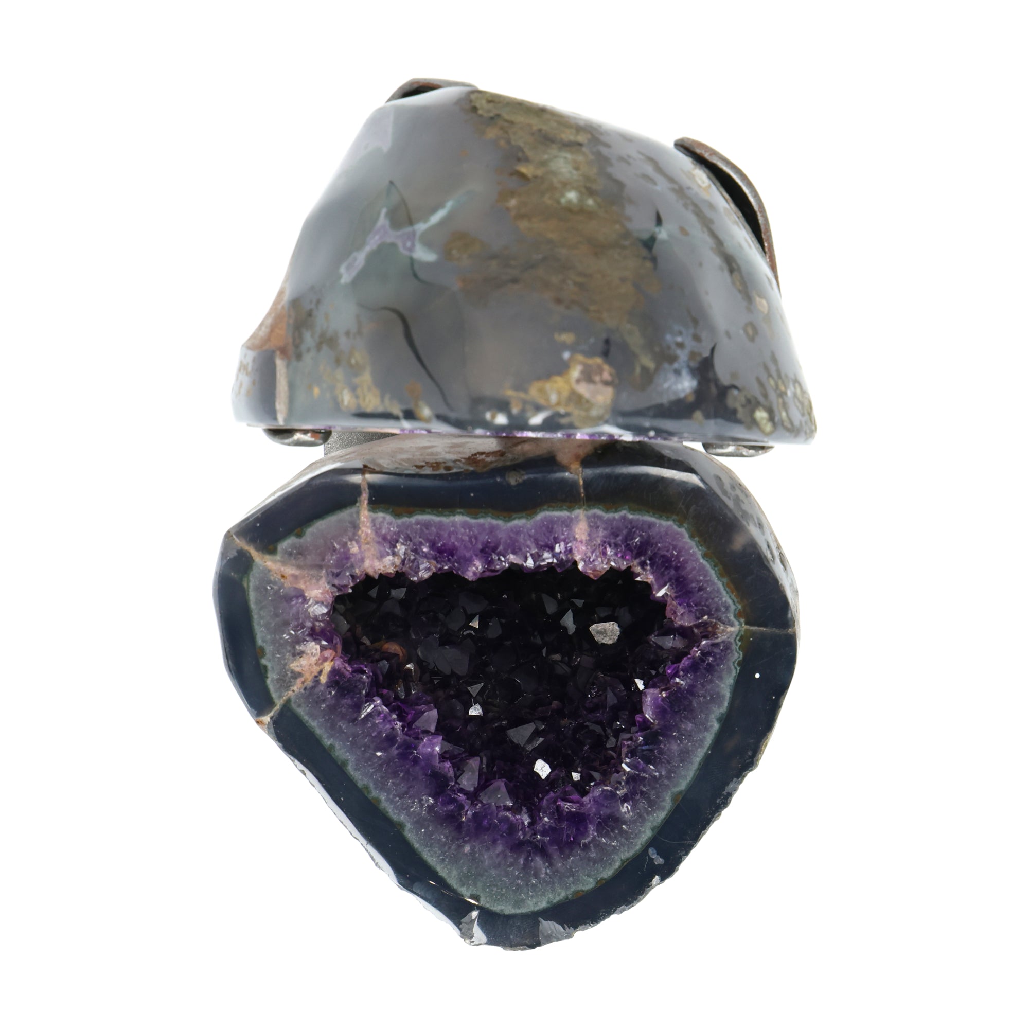 Amethyst Geoden-Juwelenbox aus Uruguay auf Metallstandfuß mit geöffneter Geode und violetter Kristalldruse im Inneren.