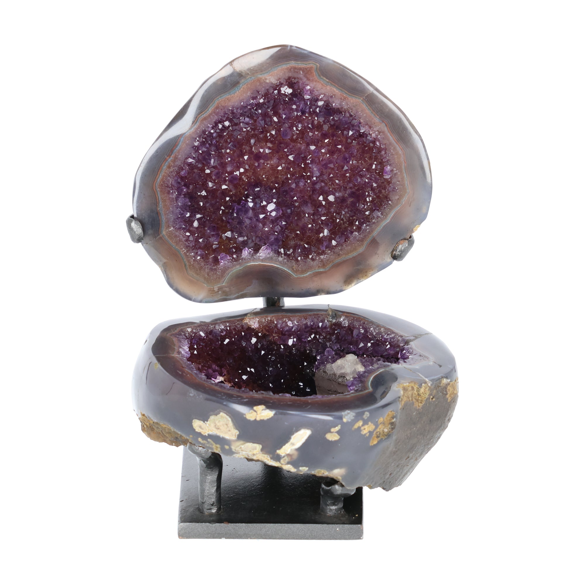 Amethyst Geoden-Juwelenbox aus Uruguay auf Metallstandfuß mit geöffneter Geode und violetter Kristalldruse im Inneren.