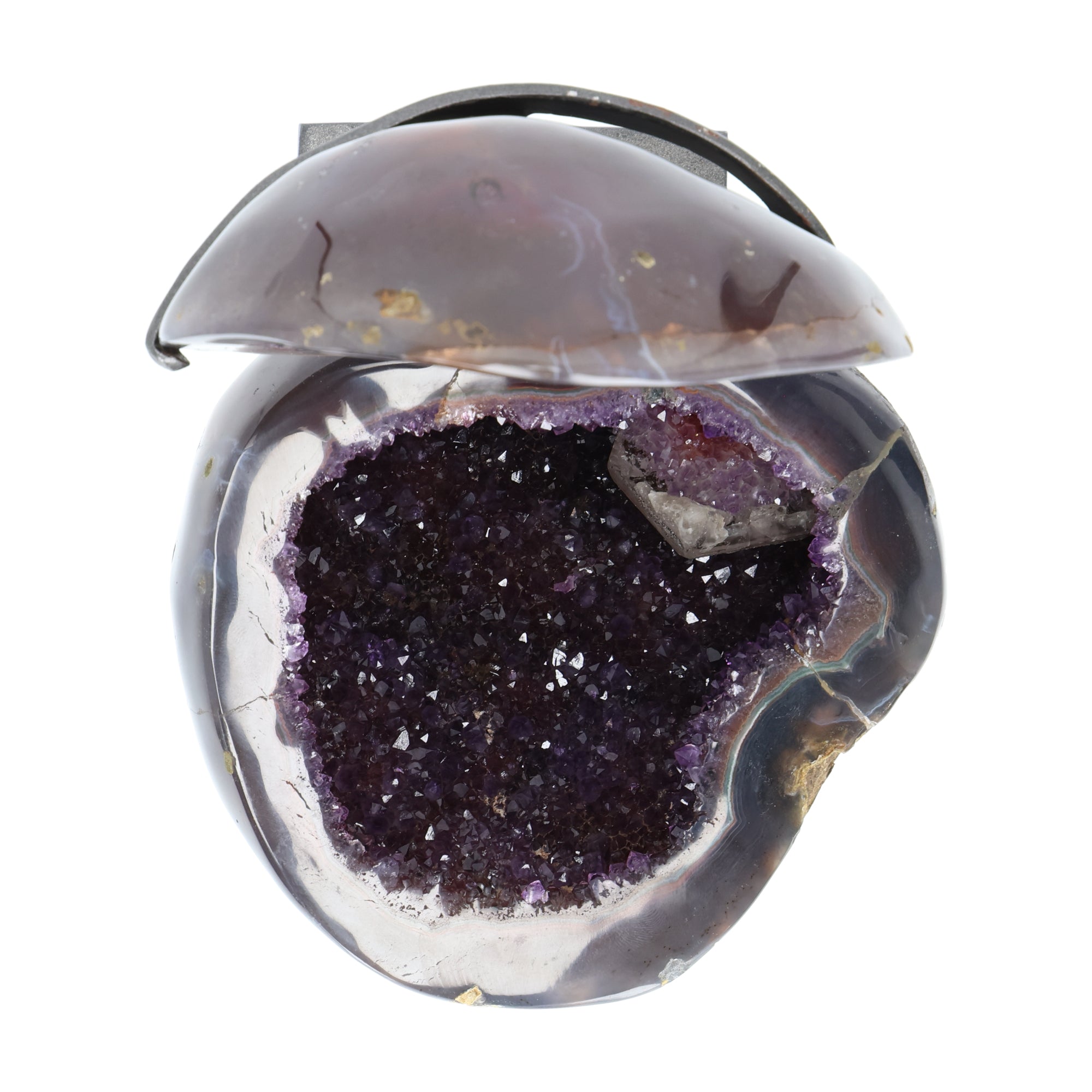 Amethyst Geoden-Juwelenbox aus Uruguay auf Metallstandfuß mit geöffneter Geode und violetter Kristalldruse im Inneren.