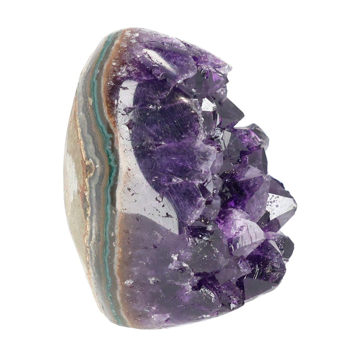 Mehrere hochwertige Amethyst Mini Cut Bases aus Uruguay mit dicht gewachsenen, tiefvioletten Kristallen auf einer Präsentationsfläche.