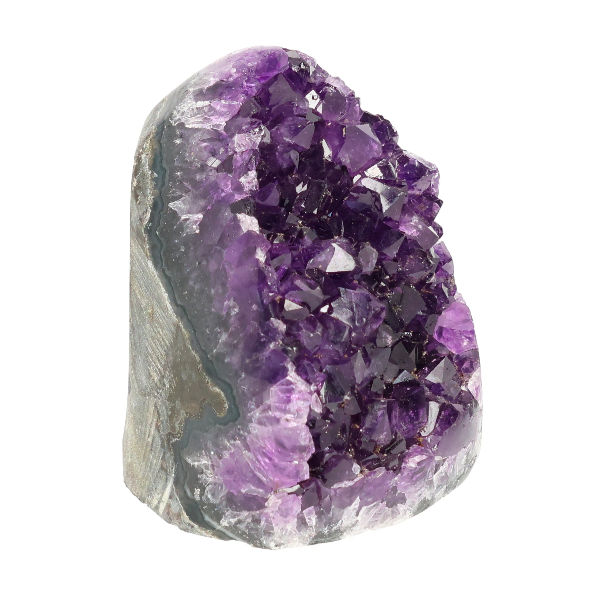 Mehrere hochwertige Amethyst Mini Cut Bases aus Uruguay mit dicht gewachsenen, tiefvioletten Kristallen auf einer Präsentationsfläche.