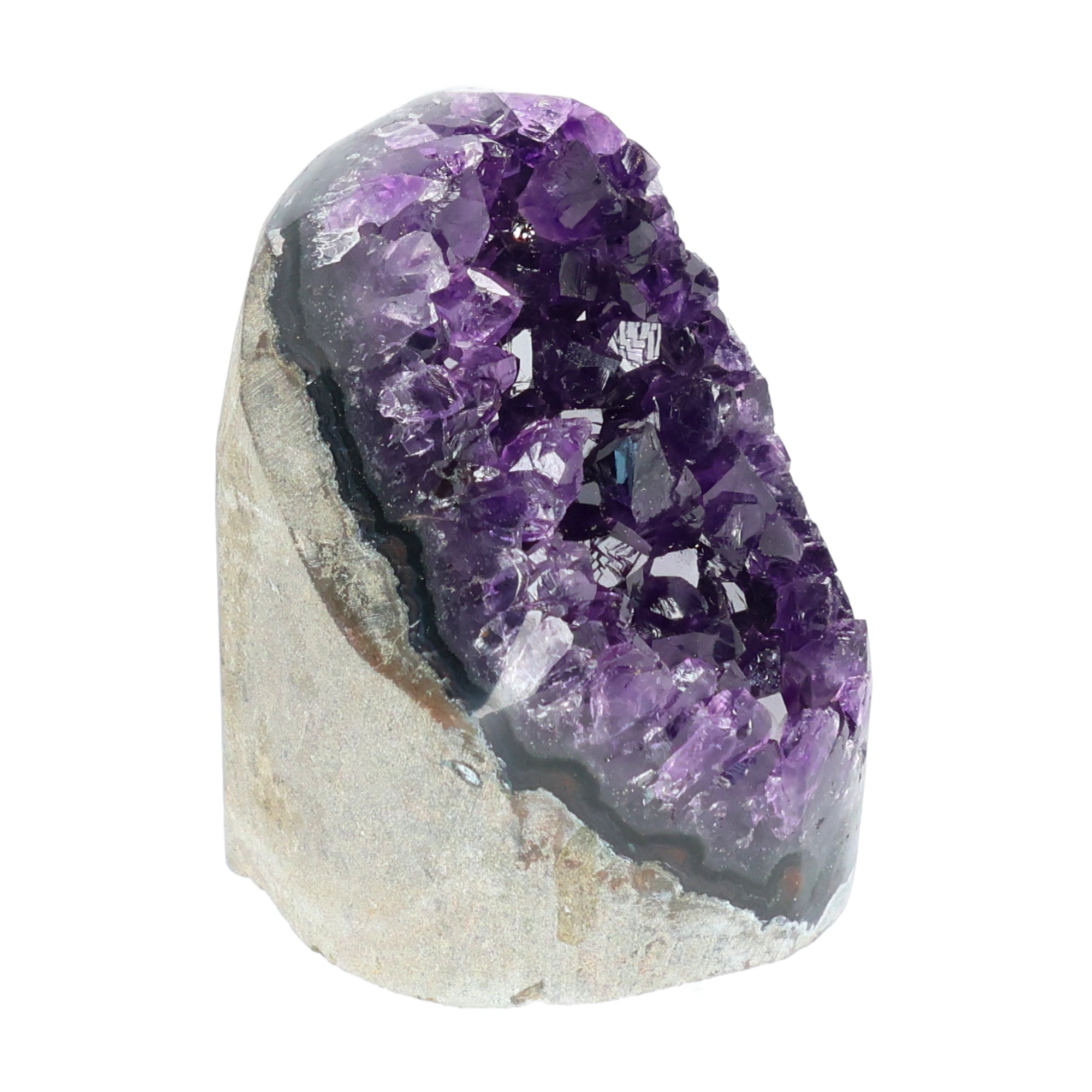 Mehrere hochwertige Amethyst Mini Cut Bases aus Uruguay mit dicht gewachsenen, tiefvioletten Kristallen auf einer Präsentationsfläche.