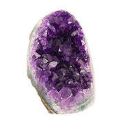 Mehrere hochwertige Amethyst Mini Cut Bases aus Uruguay mit dicht gewachsenen, tiefvioletten Kristallen auf einer Präsentationsfläche.