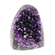 Mehrere hochwertige Amethyst Mini Cut Bases aus Uruguay mit dicht gewachsenen, tiefvioletten Kristallen auf einer Präsentationsfläche.
