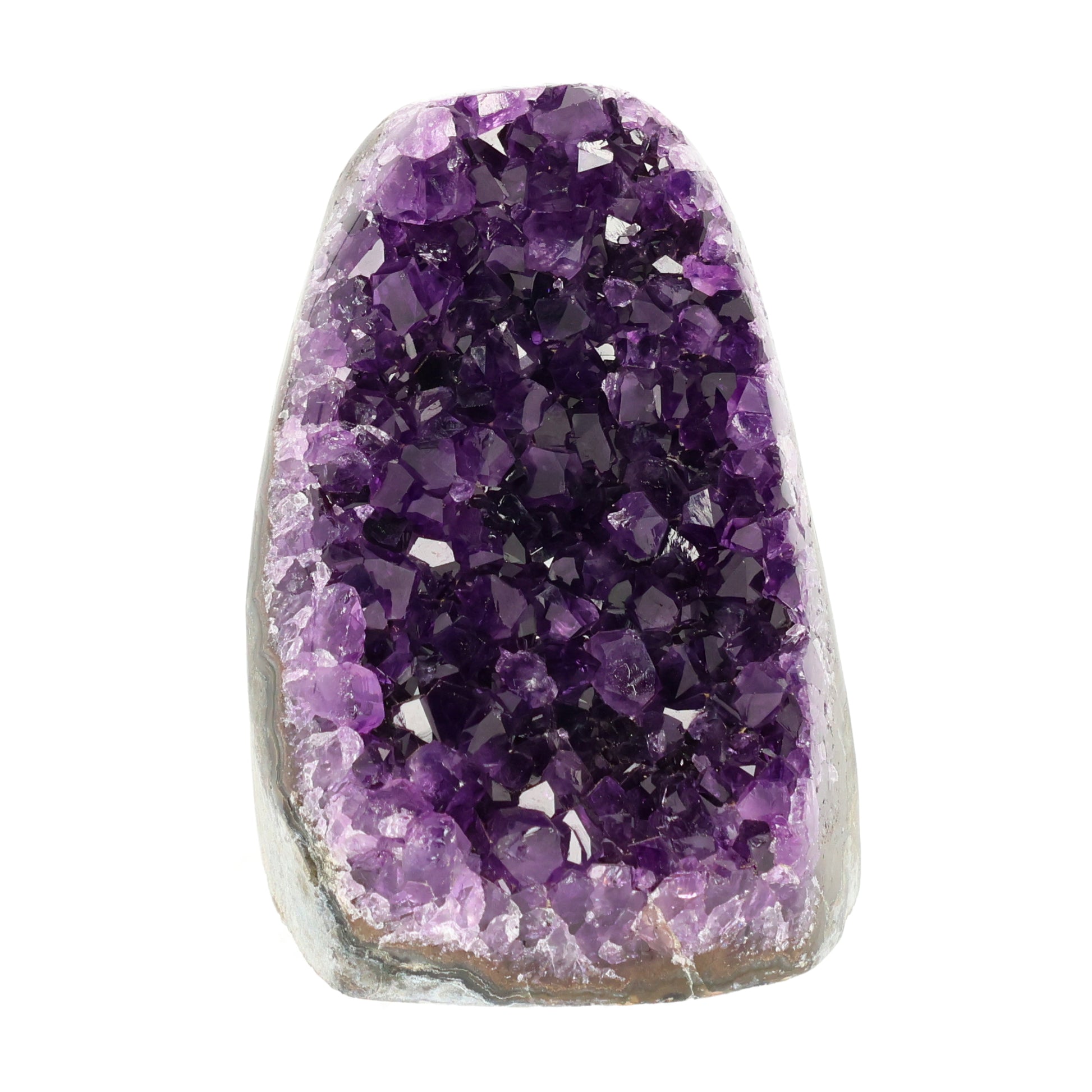 Mehrere hochwertige Amethyst Mini Cut Bases aus Uruguay mit dicht gewachsenen, tiefvioletten Kristallen auf einer Präsentationsfläche.