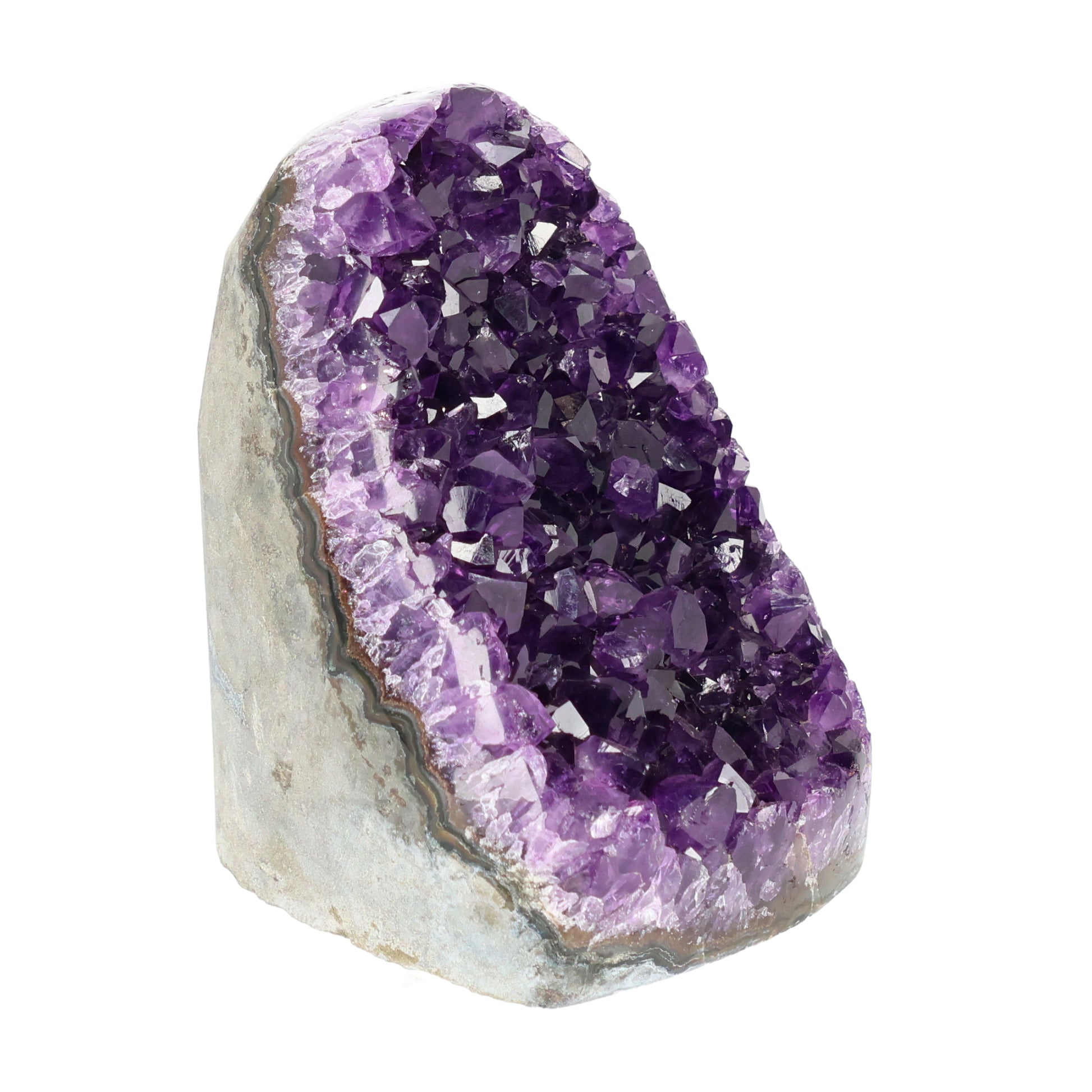 Mehrere hochwertige Amethyst Mini Cut Bases aus Uruguay mit dicht gewachsenen, tiefvioletten Kristallen auf einer Präsentationsfläche.