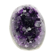 Mehrere hochwertige Amethyst Mini Cut Bases aus Uruguay mit dicht gewachsenen, tiefvioletten Kristallen auf einer Präsentationsfläche.