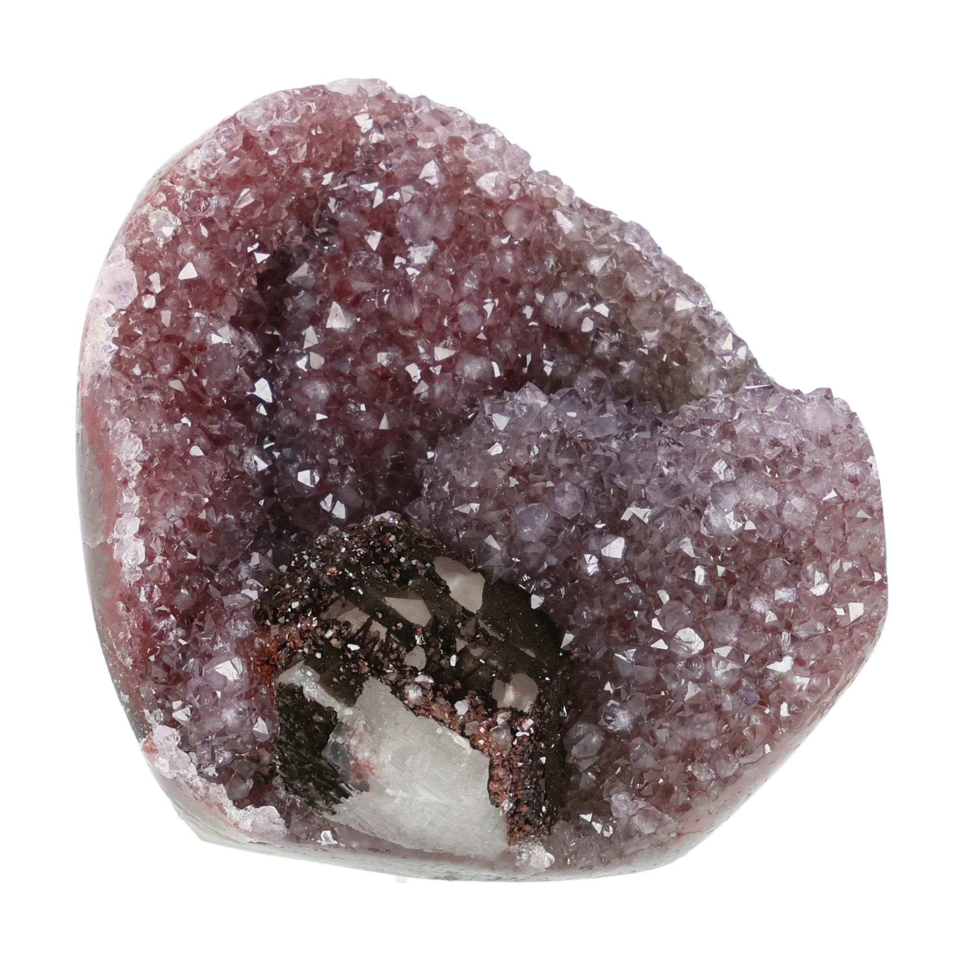 Amethyst mit Calcit aus Uruguay, Amethystkristalle mit hellen Calcitformationen, natürlich gewachsenes Mineralunikat.