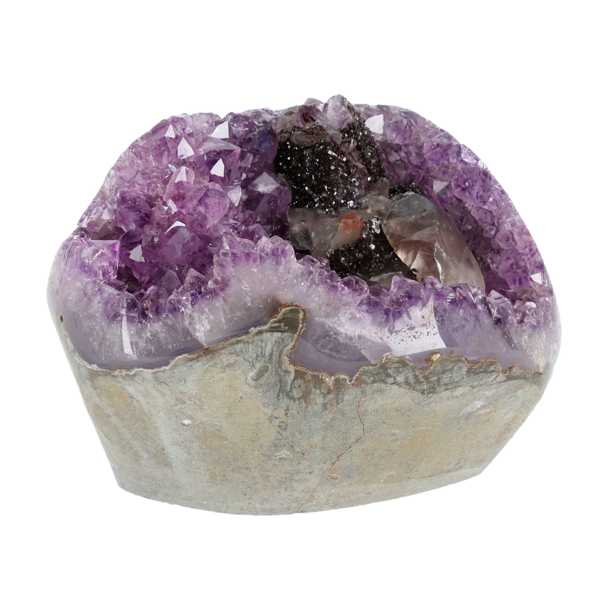 Amethyst mit Calcit aus Uruguay, Amethystkristalle mit hellen Calcitformationen, natürlich gewachsenes Mineralunikat.