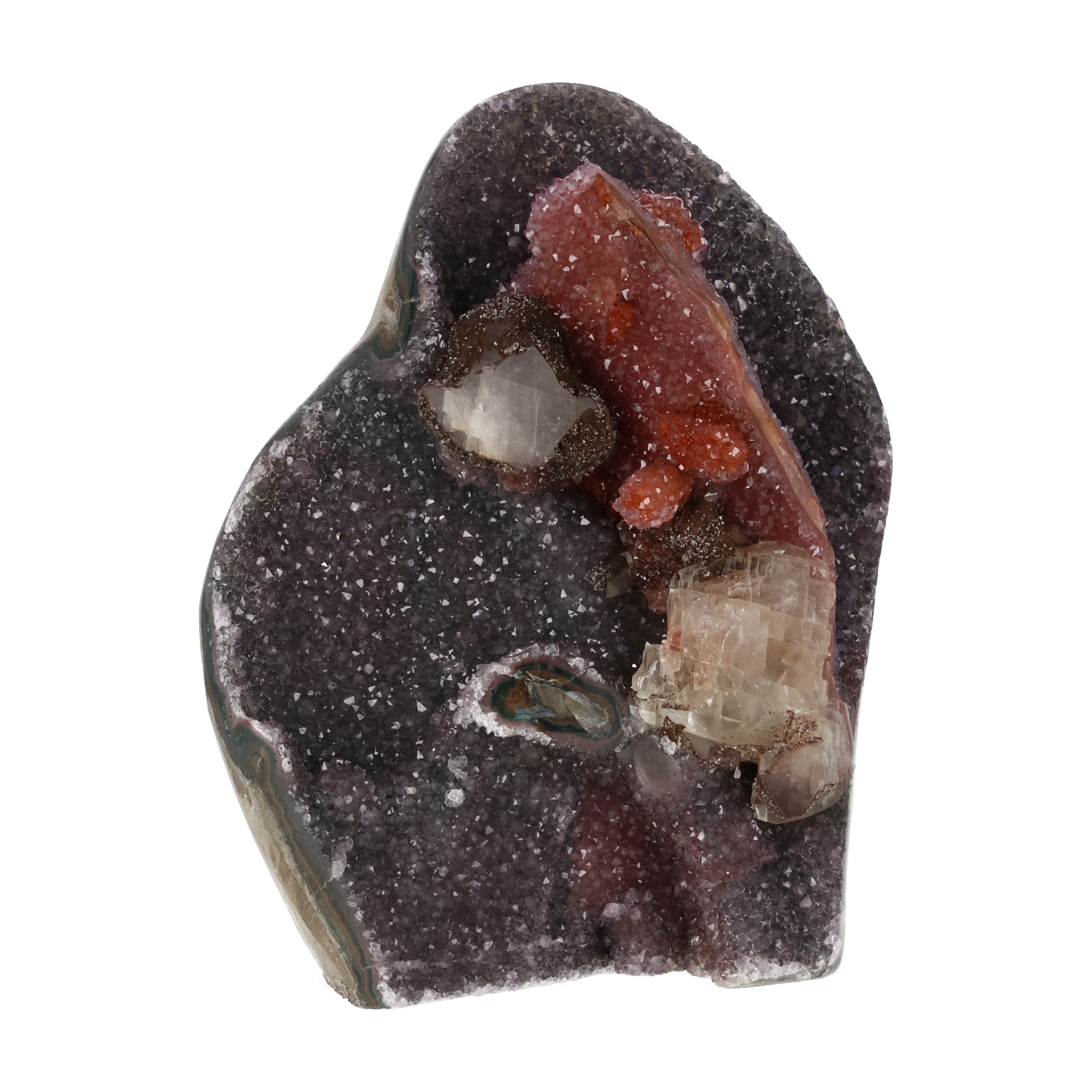Amethyst mit Calcit aus Uruguay, Amethystkristalle mit hellen Calcitformationen, natürlich gewachsenes Mineralunikat.