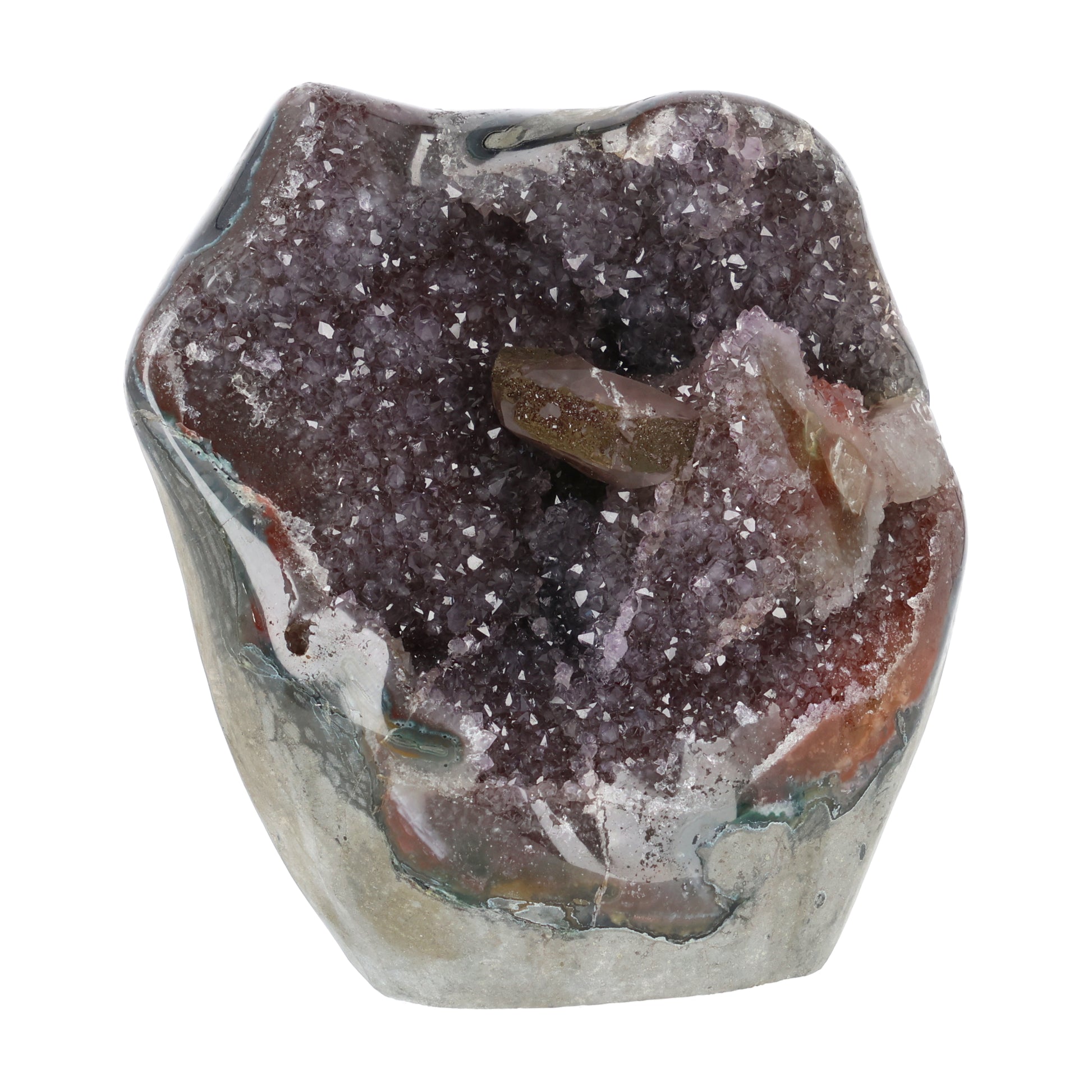 Amethyst mit Calcit aus Uruguay, Amethystkristalle mit hellen Calcitformationen, natürlich gewachsenes Mineralunikat.
