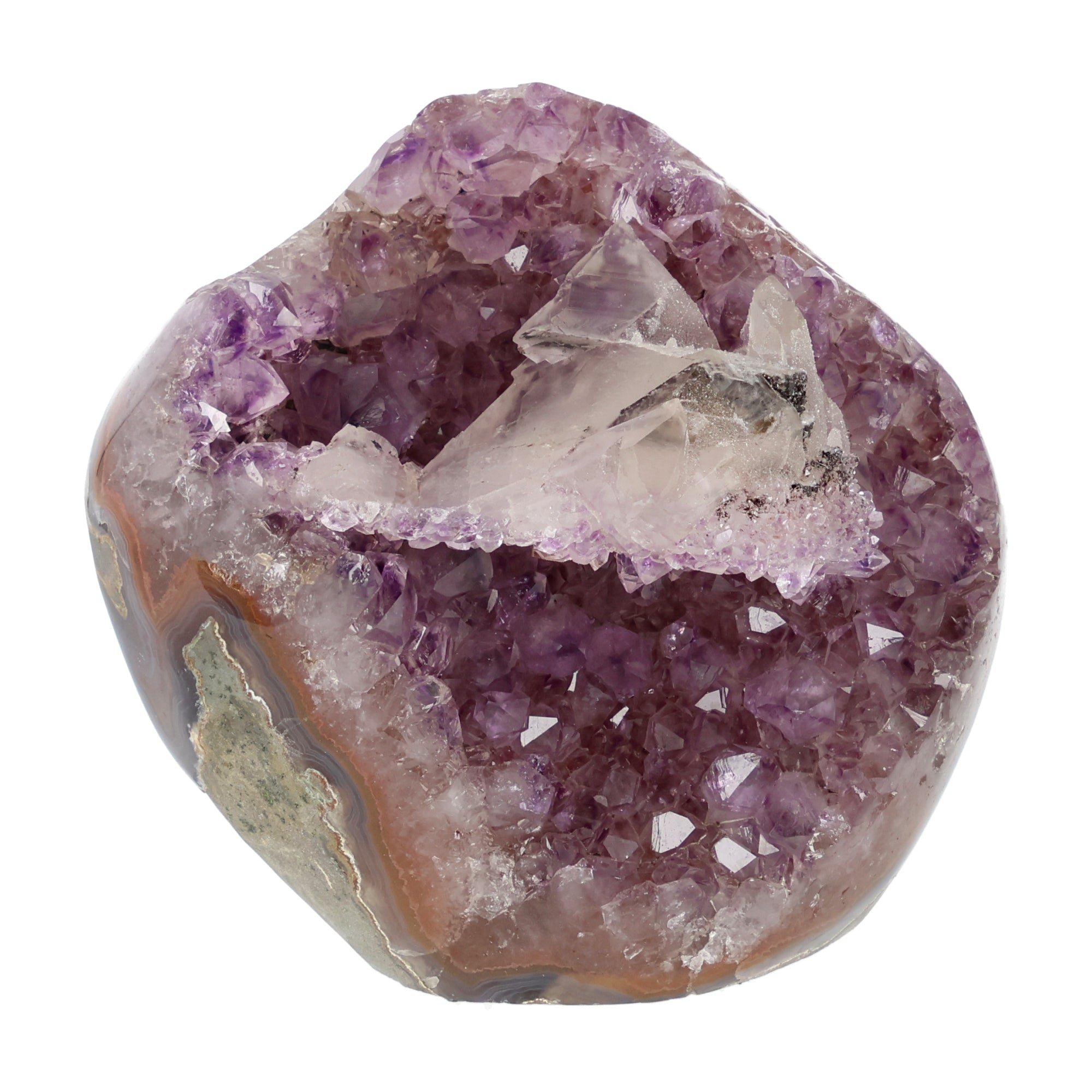 Amethyst mit Calcit aus Uruguay, Amethystkristalle mit hellen Calcitformationen, natürlich gewachsenes Mineralunikat.