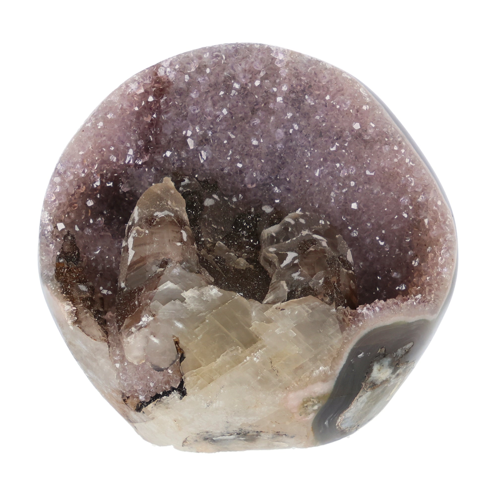 Amethyst mit Calcit aus Uruguay, Amethystkristalle mit hellen Calcitformationen, natürlich gewachsenes Mineralunikat.