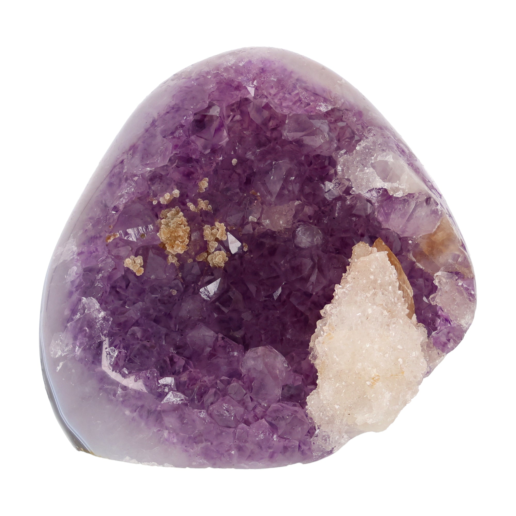 Amethyst mit Calcit aus Uruguay, Amethystkristalle mit hellen Calcitformationen, natürlich gewachsenes Mineralunikat.