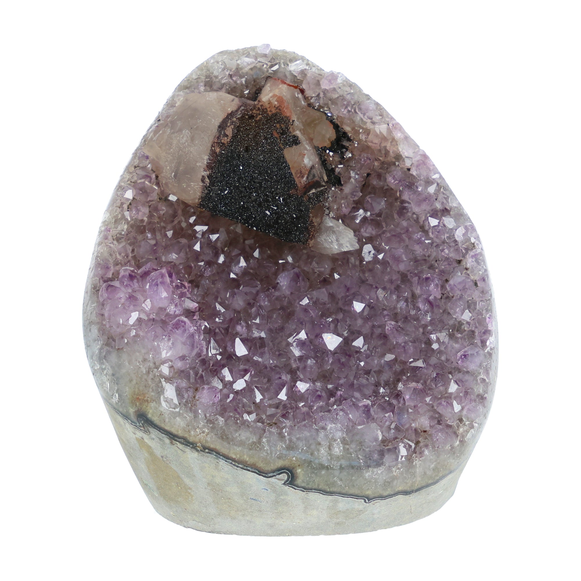 Amethyst mit Calcit aus Uruguay, Amethystkristalle mit hellen Calcitformationen, natürlich gewachsenes Mineralunikat.