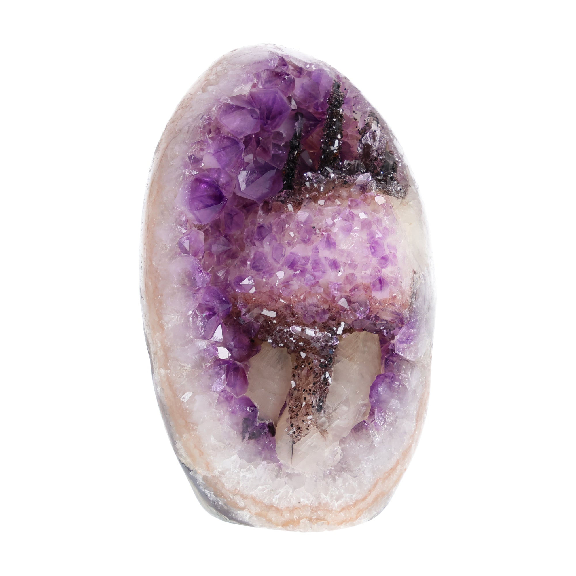 Amethyst mit Calcit aus Uruguay, Amethystkristalle mit hellen Calcitformationen, natürlich gewachsenes Mineralunikat.