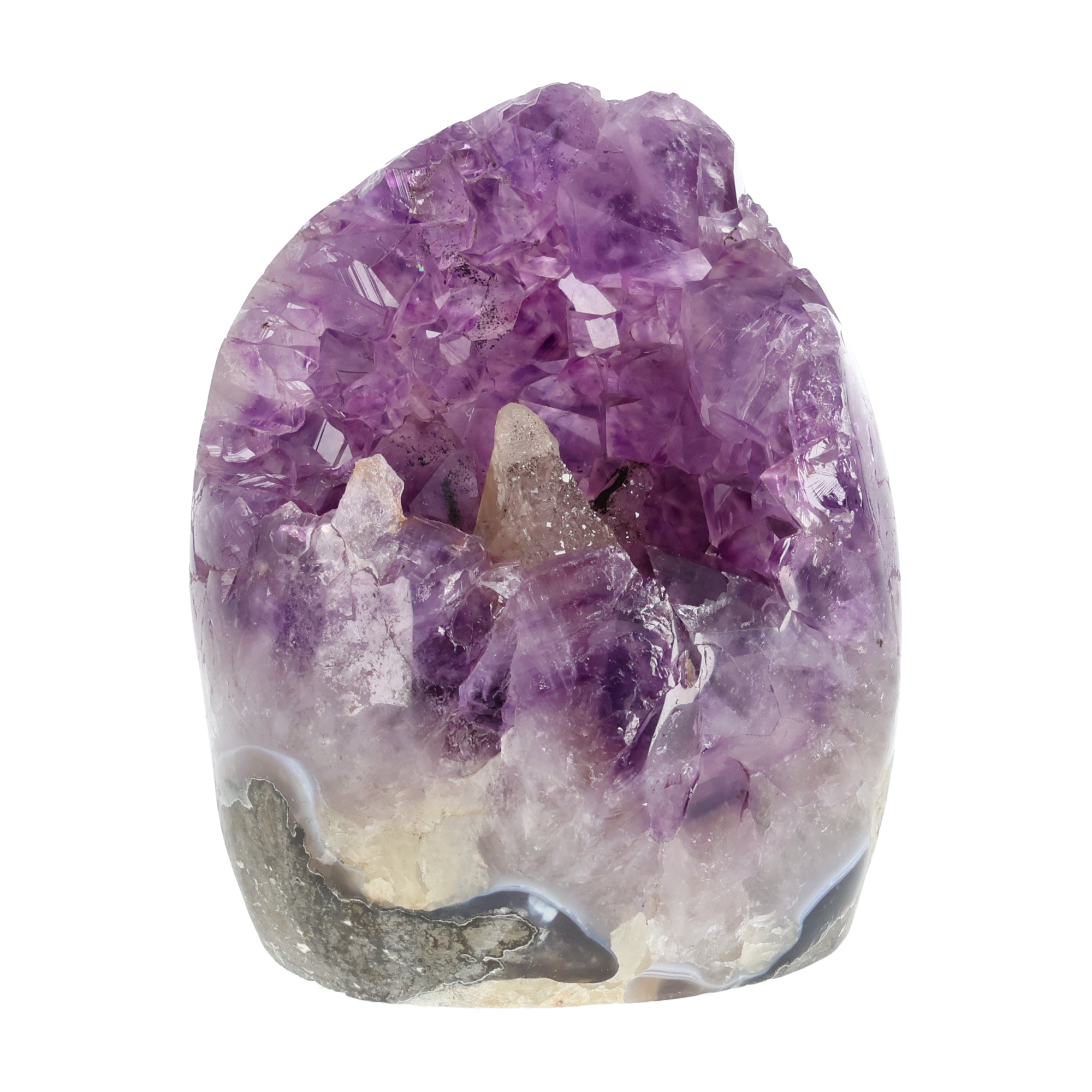 Amethyst mit Calcit aus Uruguay, Amethystkristalle mit hellen Calcitformationen, natürlich gewachsenes Mineralunikat.