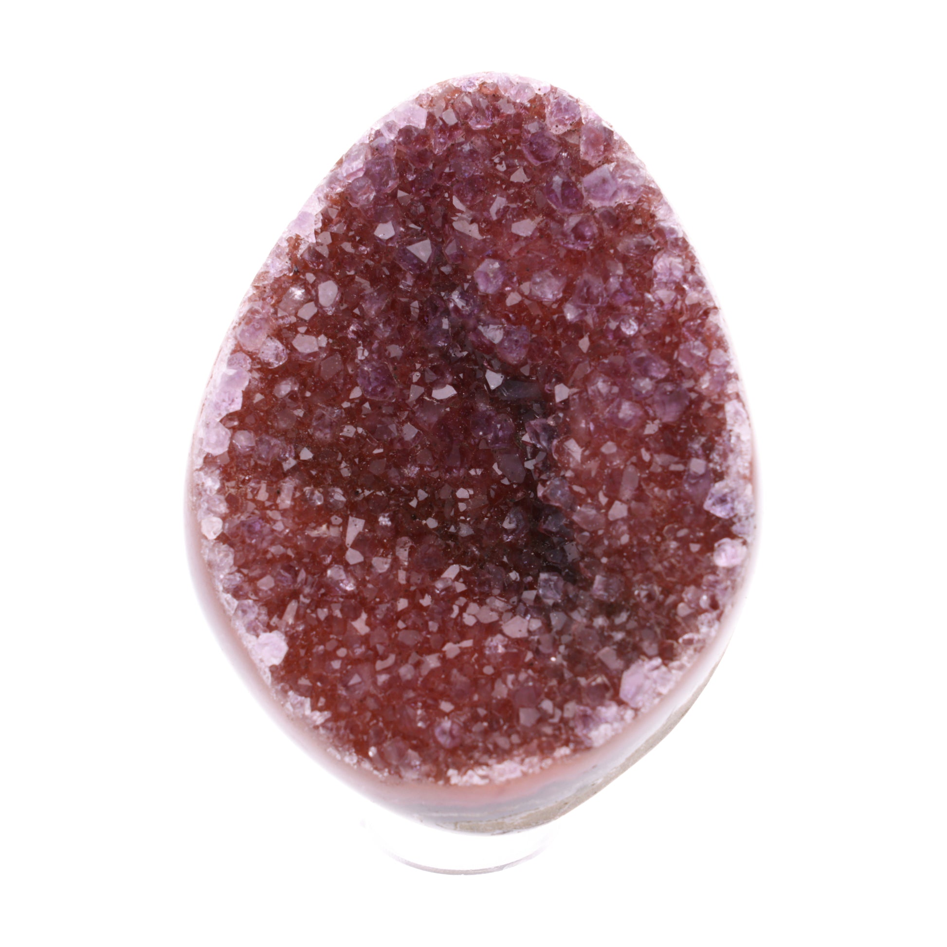 Kleines Amethyst Rainbow Ei mit natürlicher Druzy- Kristalloberfläche und Farbspiel aus Violett, Purpur und warmen Naturtönen.