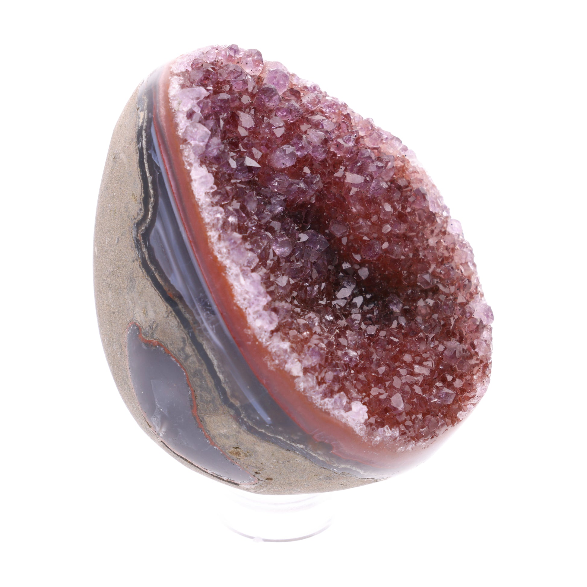 Kleines Amethyst Rainbow Ei mit natürlicher Druzy- Kristalloberfläche und Farbspiel aus Violett, Purpur und warmen Naturtönen.