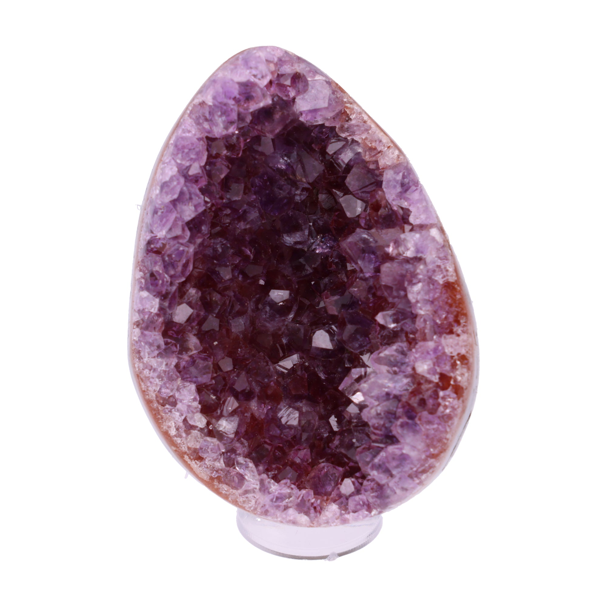 Kleines Amethyst Rainbow Ei mit natürlicher Druzy- Kristalloberfläche und Farbspiel aus Violett, Purpur und warmen Naturtönen.
