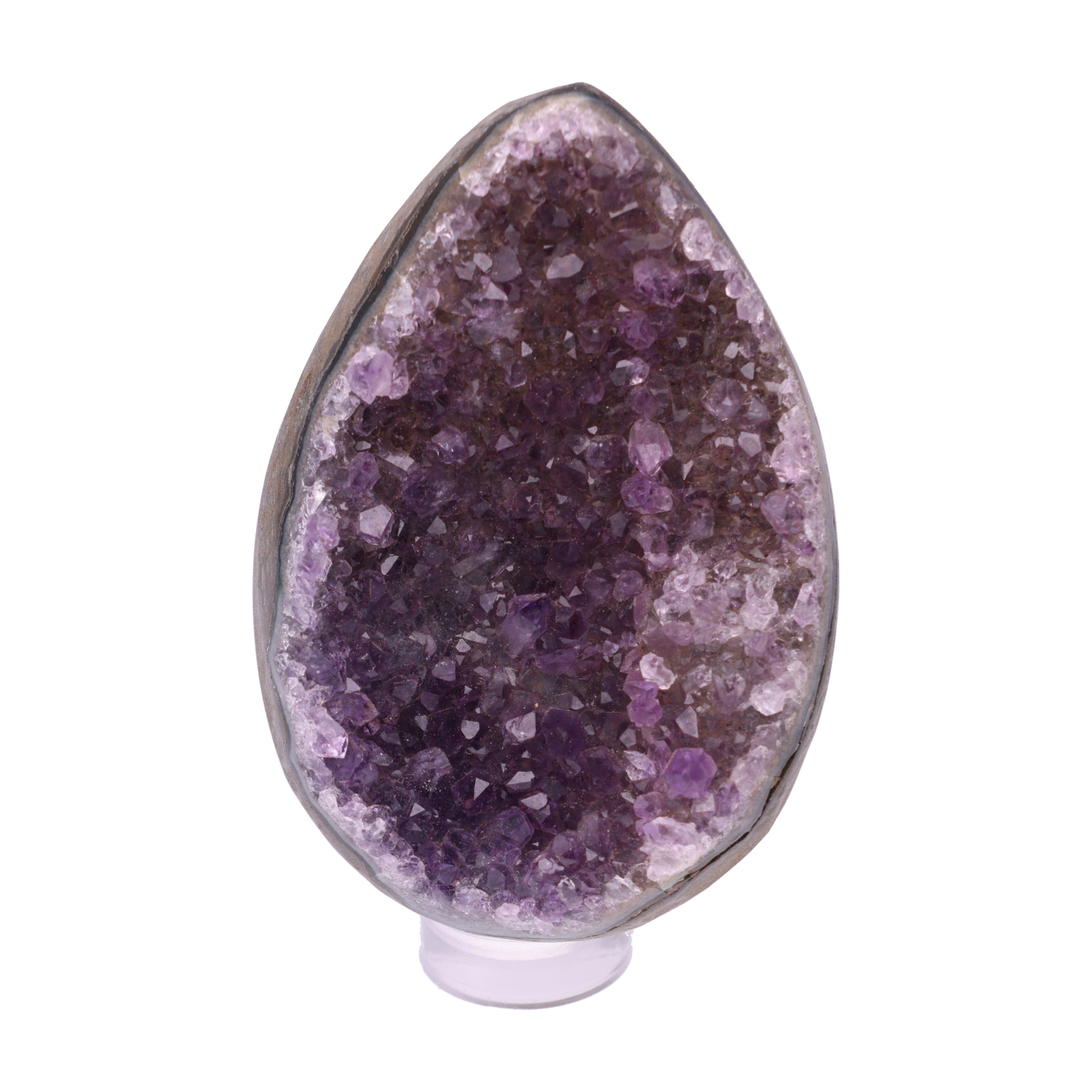 Kleines Amethyst Rainbow Ei mit natürlicher Druzy- Kristalloberfläche und Farbspiel aus Violett, Purpur und warmen Naturtönen.