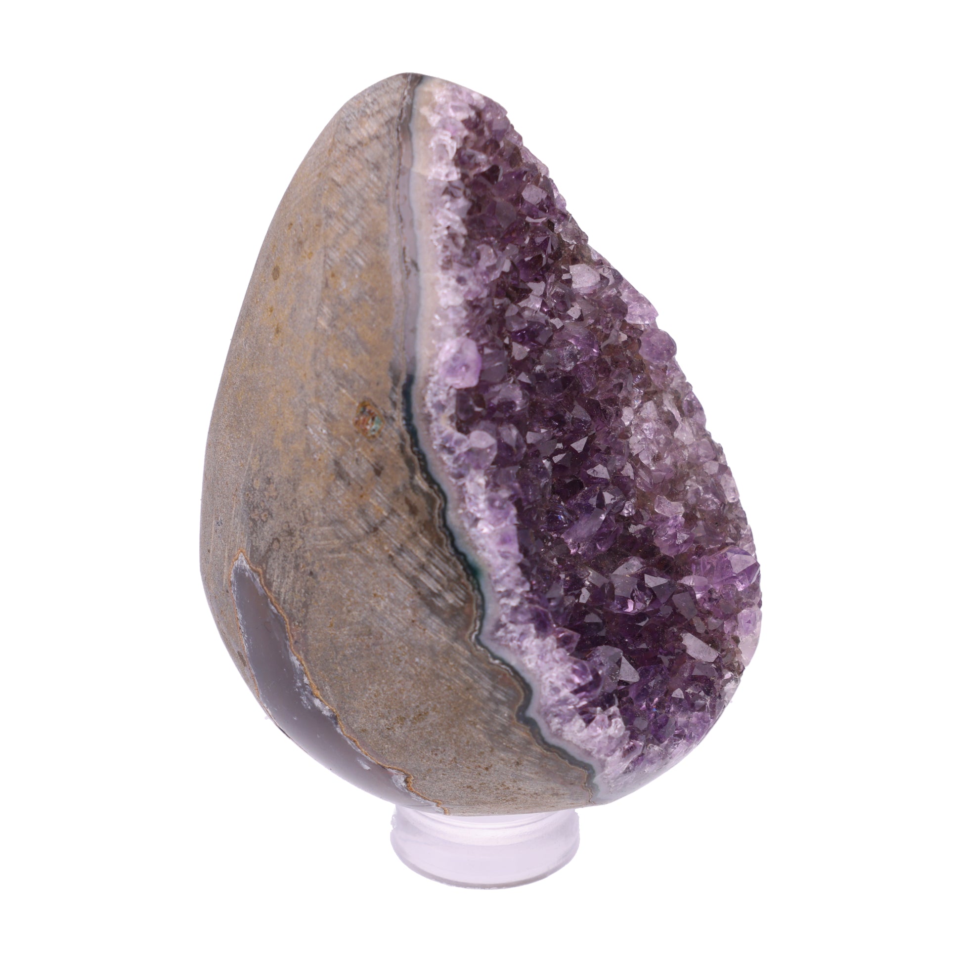 Kleines Amethyst Rainbow Ei mit natürlicher Druzy- Kristalloberfläche und Farbspiel aus Violett, Purpur und warmen Naturtönen.