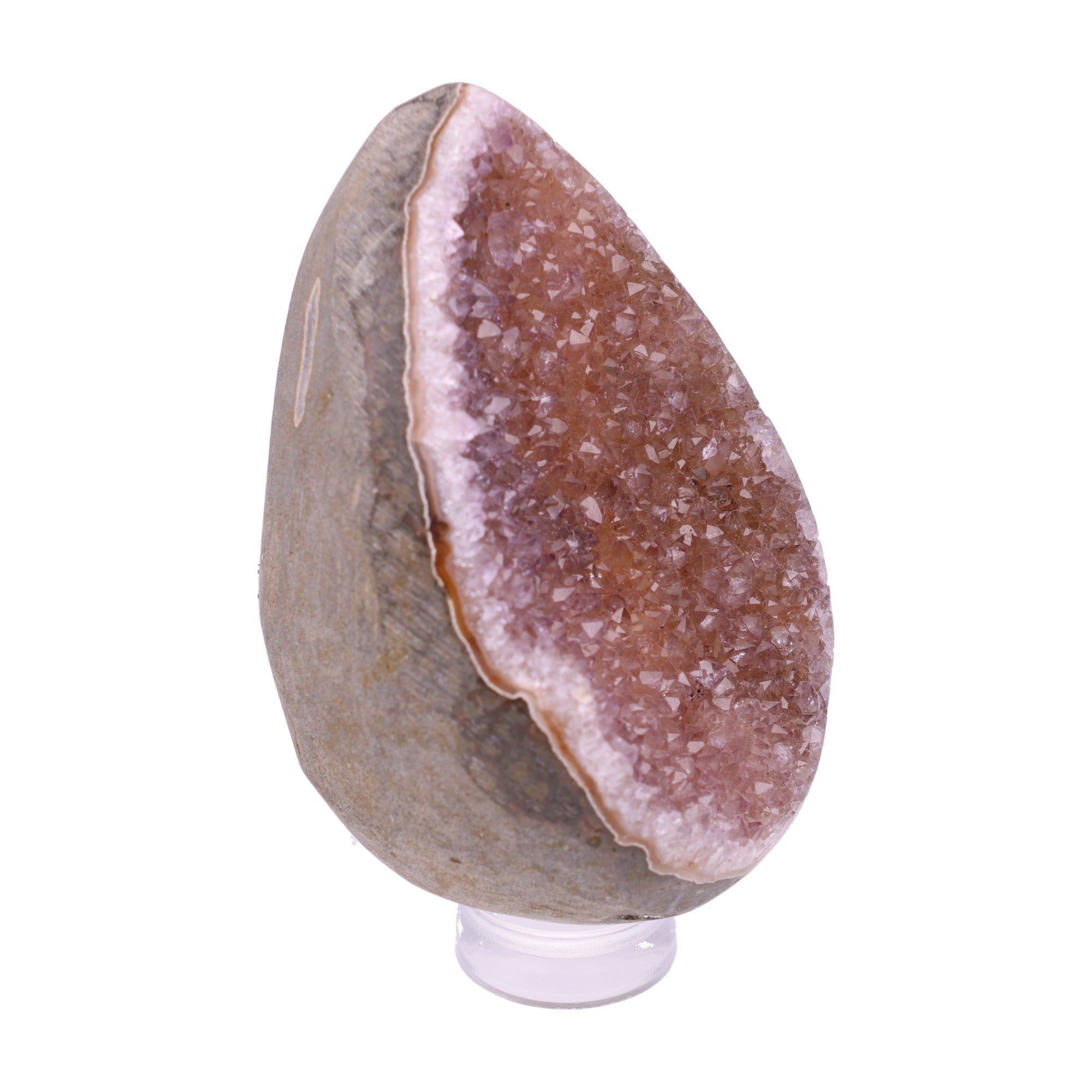 Kleines Amethyst Rainbow Ei mit natürlicher Druzy- Kristalloberfläche und Farbspiel aus Violett, Purpur und warmen Naturtönen.