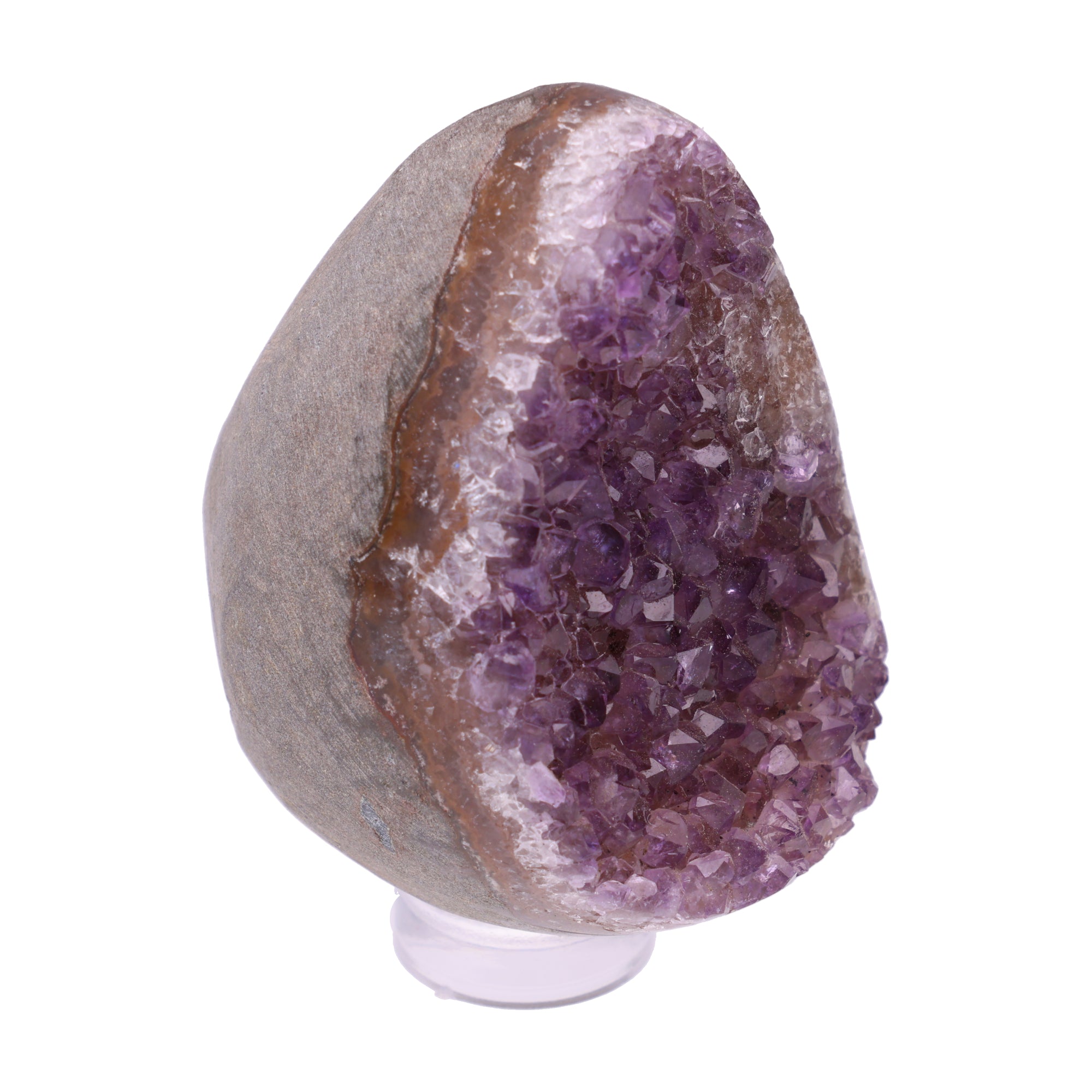 Kleines Amethyst Rainbow Ei mit natürlicher Druzy- Kristalloberfläche und Farbspiel aus Violett, Purpur und warmen Naturtönen.
