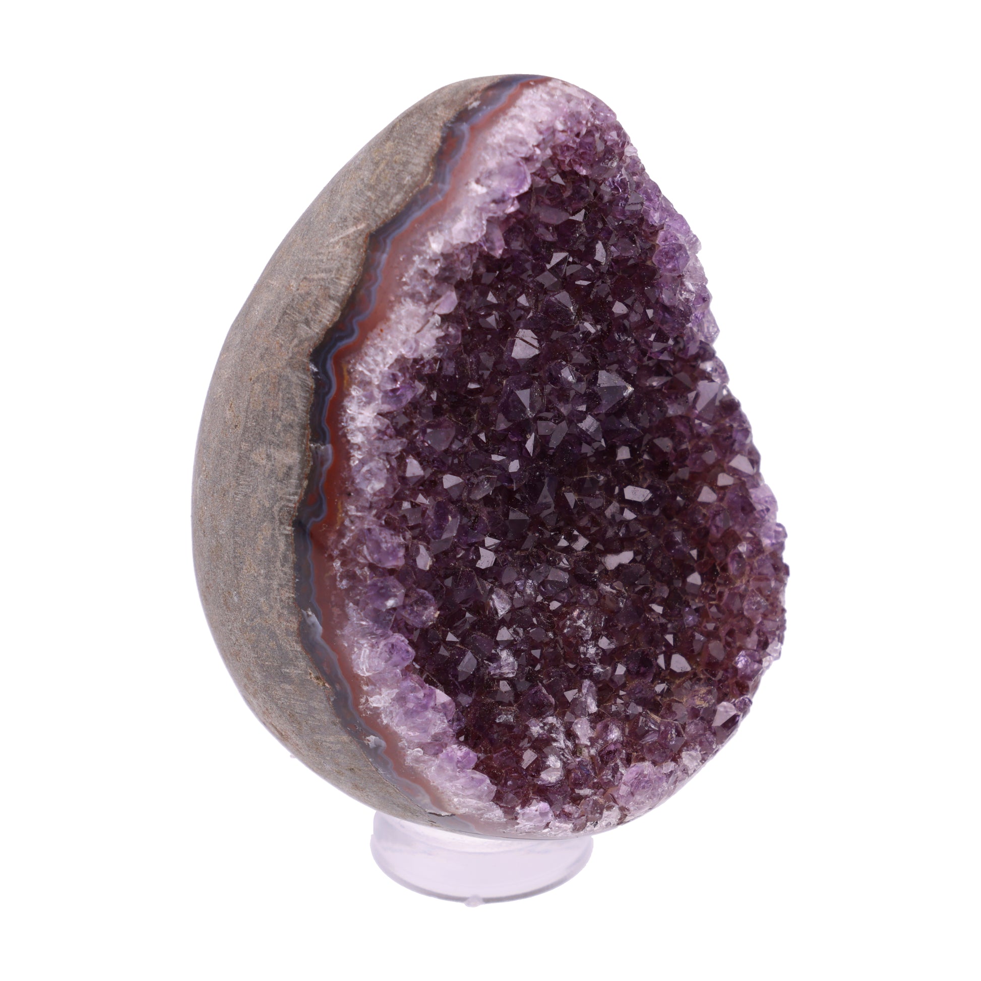 Kleines Amethyst Rainbow Ei mit natürlicher Druzy- Kristalloberfläche und Farbspiel aus Violett, Purpur und warmen Naturtönen.