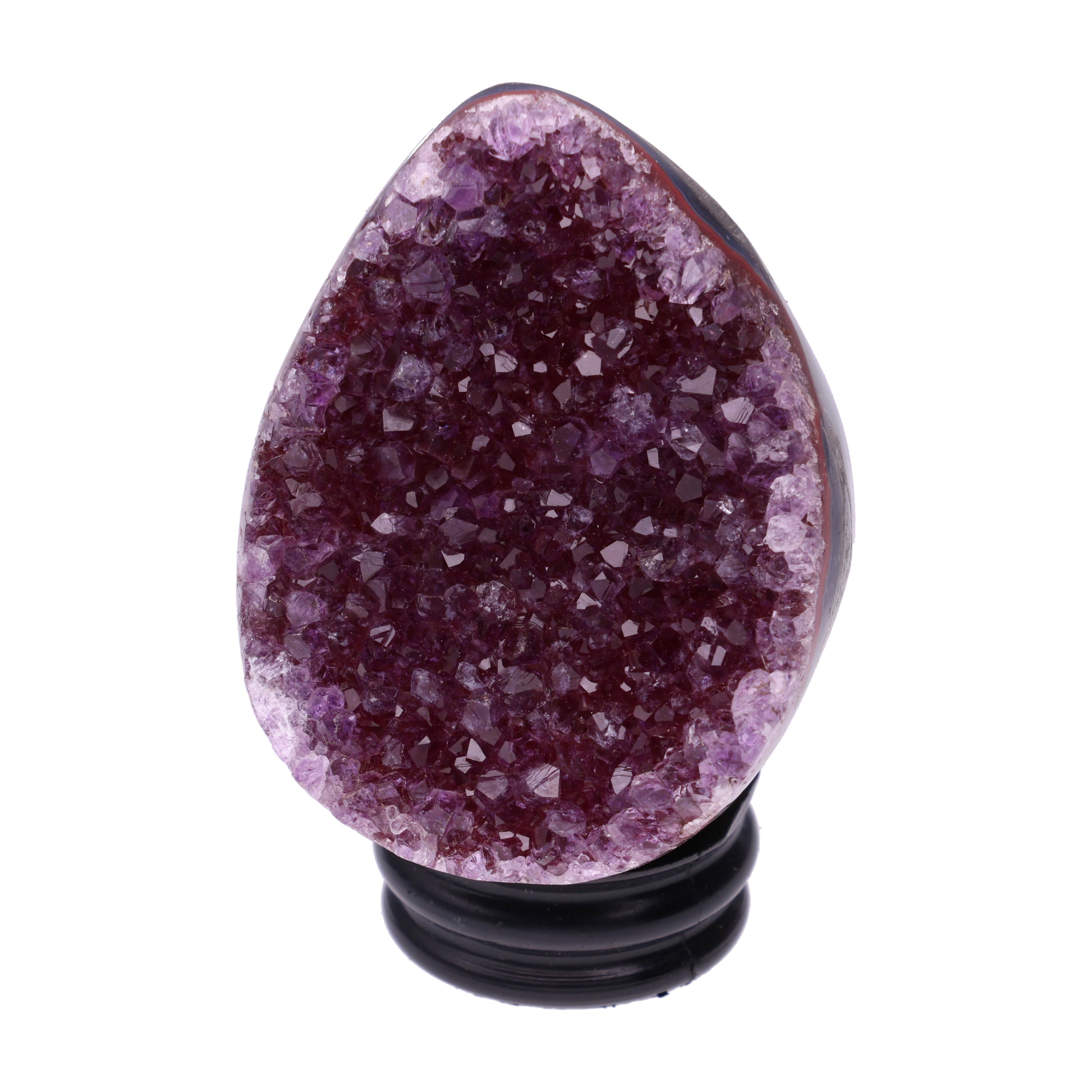 Kleines Amethyst Rainbow Ei mit natürlicher Druzy- Kristalloberfläche und Farbspiel aus Violett, Purpur und warmen Naturtönen.