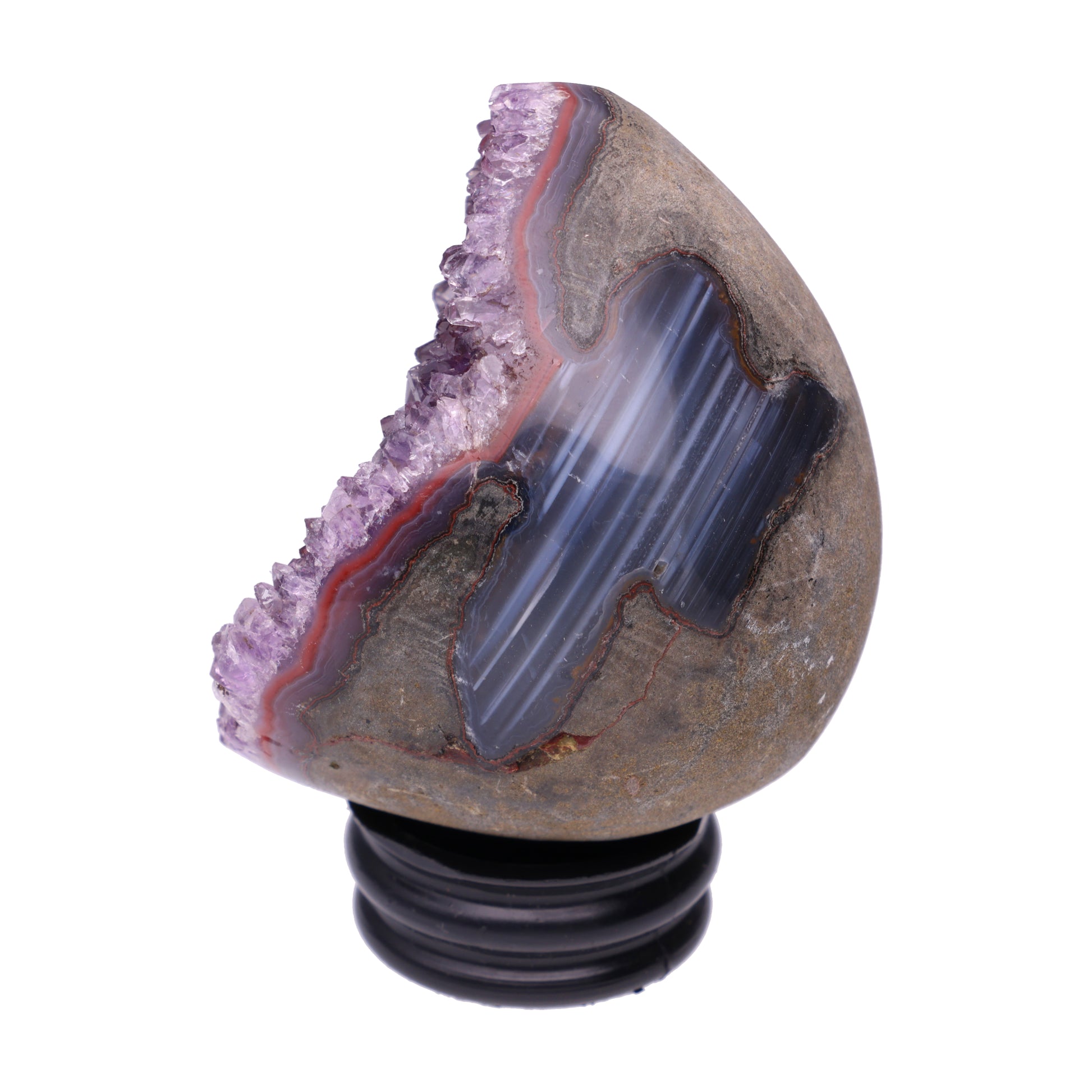 Kleines Amethyst Rainbow Ei mit natürlicher Druzy- Kristalloberfläche und Farbspiel aus Violett, Purpur und warmen Naturtönen.
