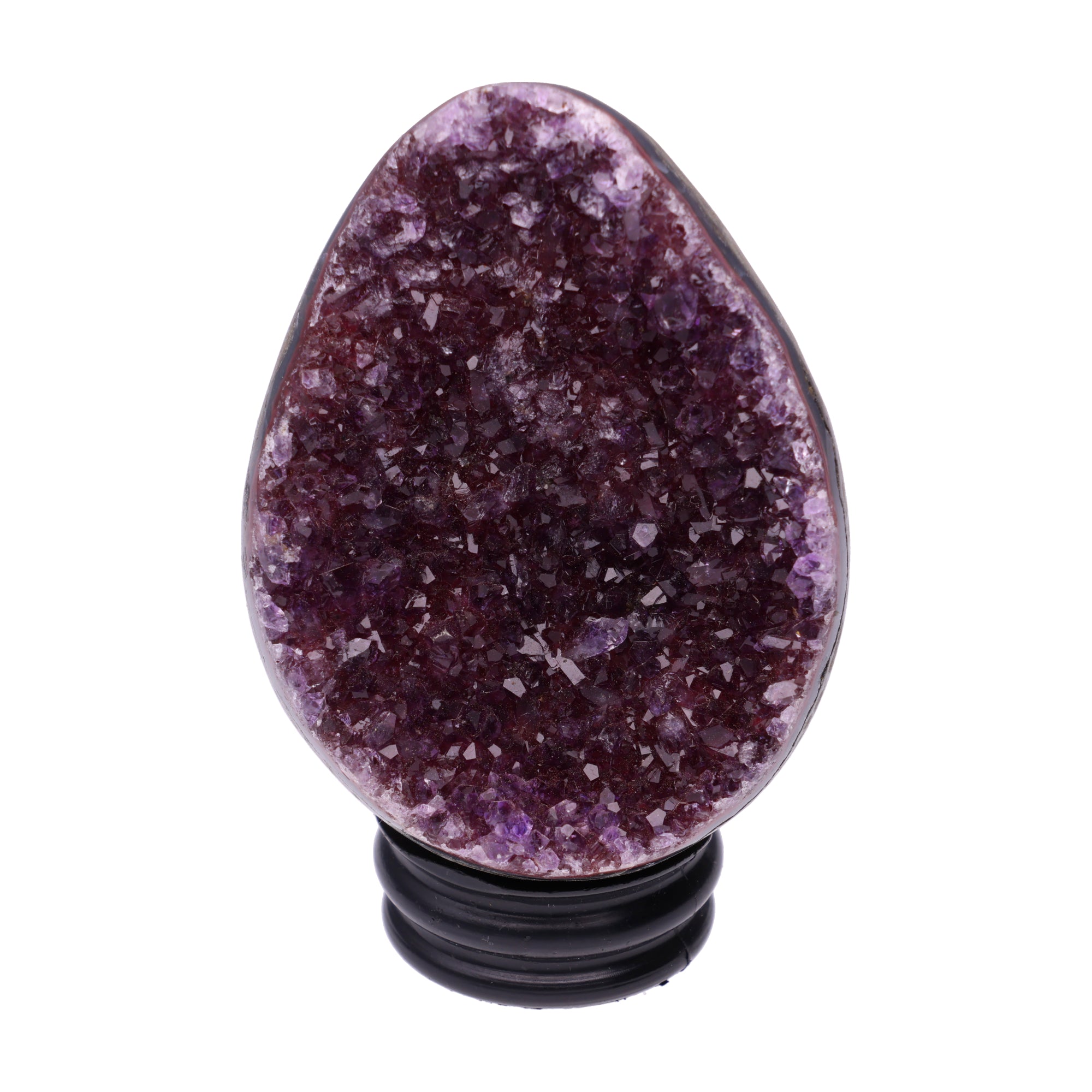 Kleines Amethyst Rainbow Ei mit natürlicher Druzy- Kristalloberfläche und Farbspiel aus Violett, Purpur und warmen Naturtönen.